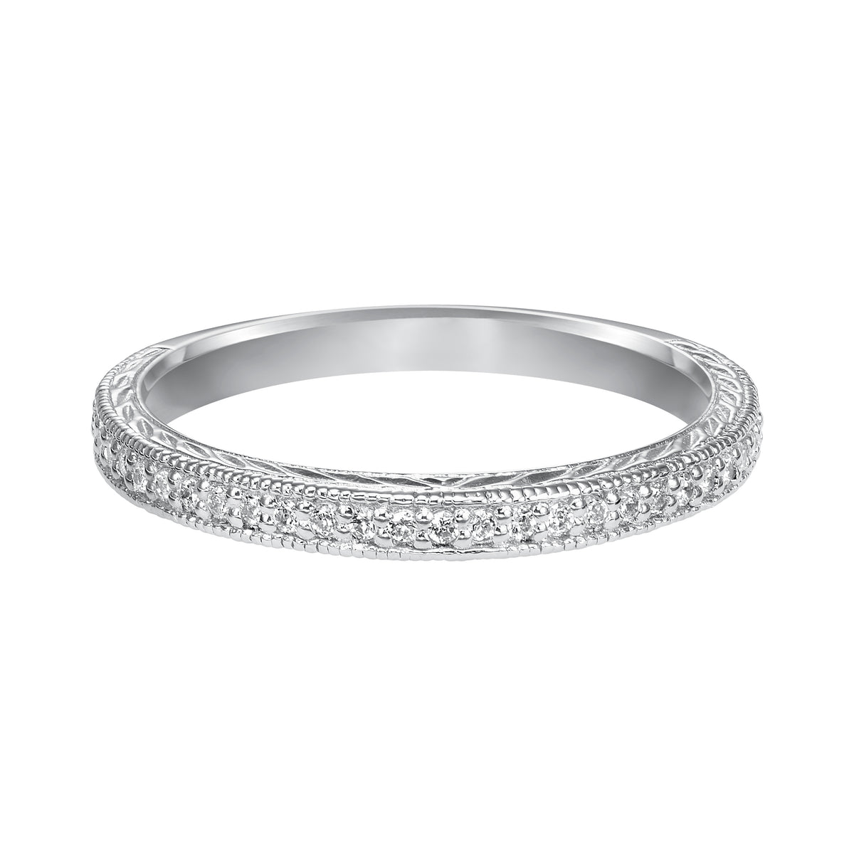 Wedding band with bead set, round diamonds, engraving and milgrain.