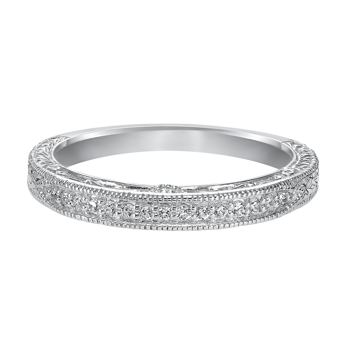 Wedding band with bead set, round diamonds, engraving and milgrain.
