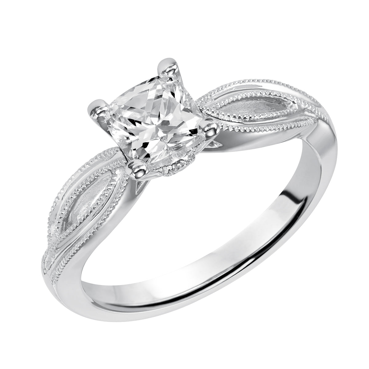 Charming and refined, this ribbon-twist inspired engagement ring design features traditional milgrain detailing to enhance this cushion cut diamond center stone