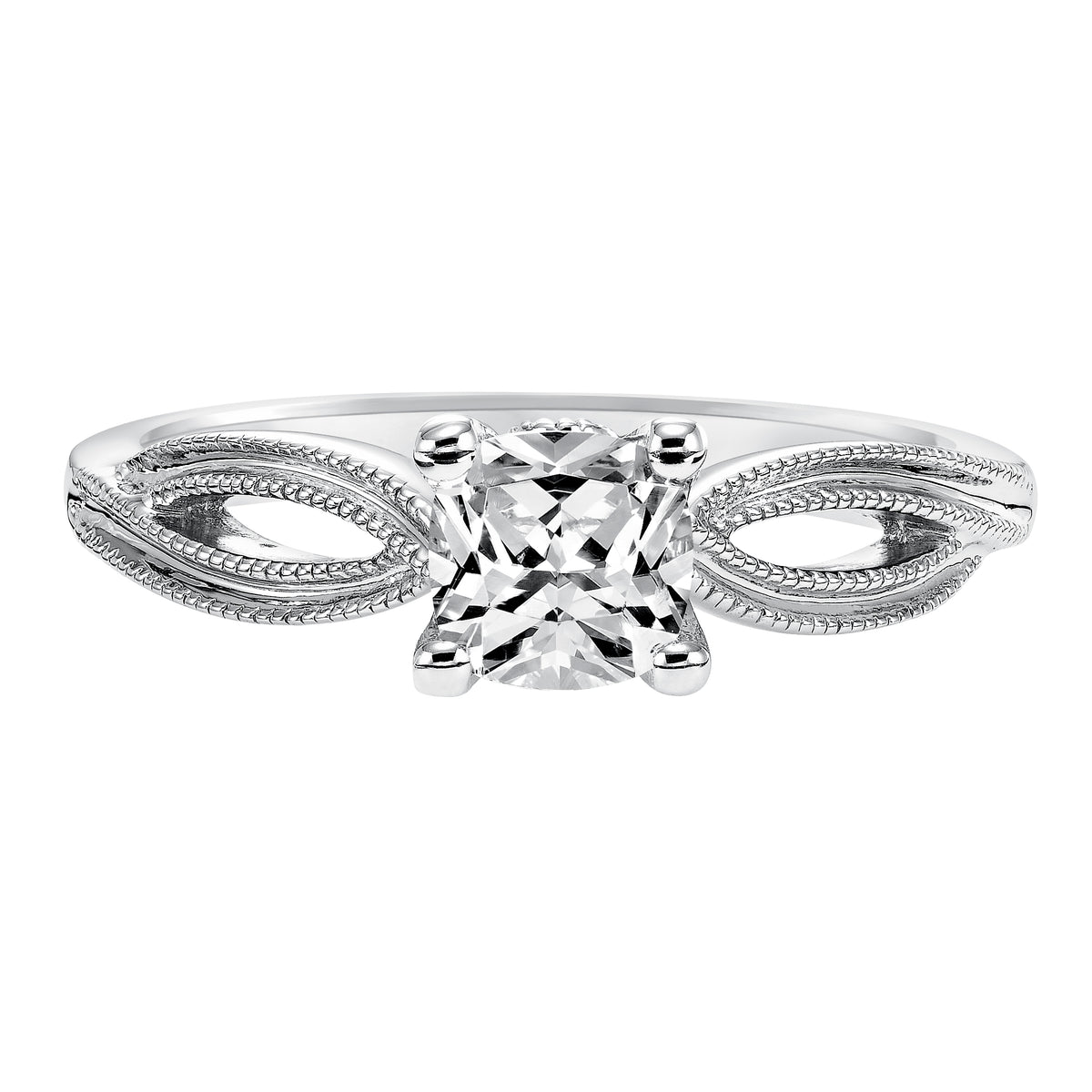 Charming and refined, this ribbon-twist inspired engagement ring design features traditional milgrain detailing to enhance this cushion cut diamond center stone
