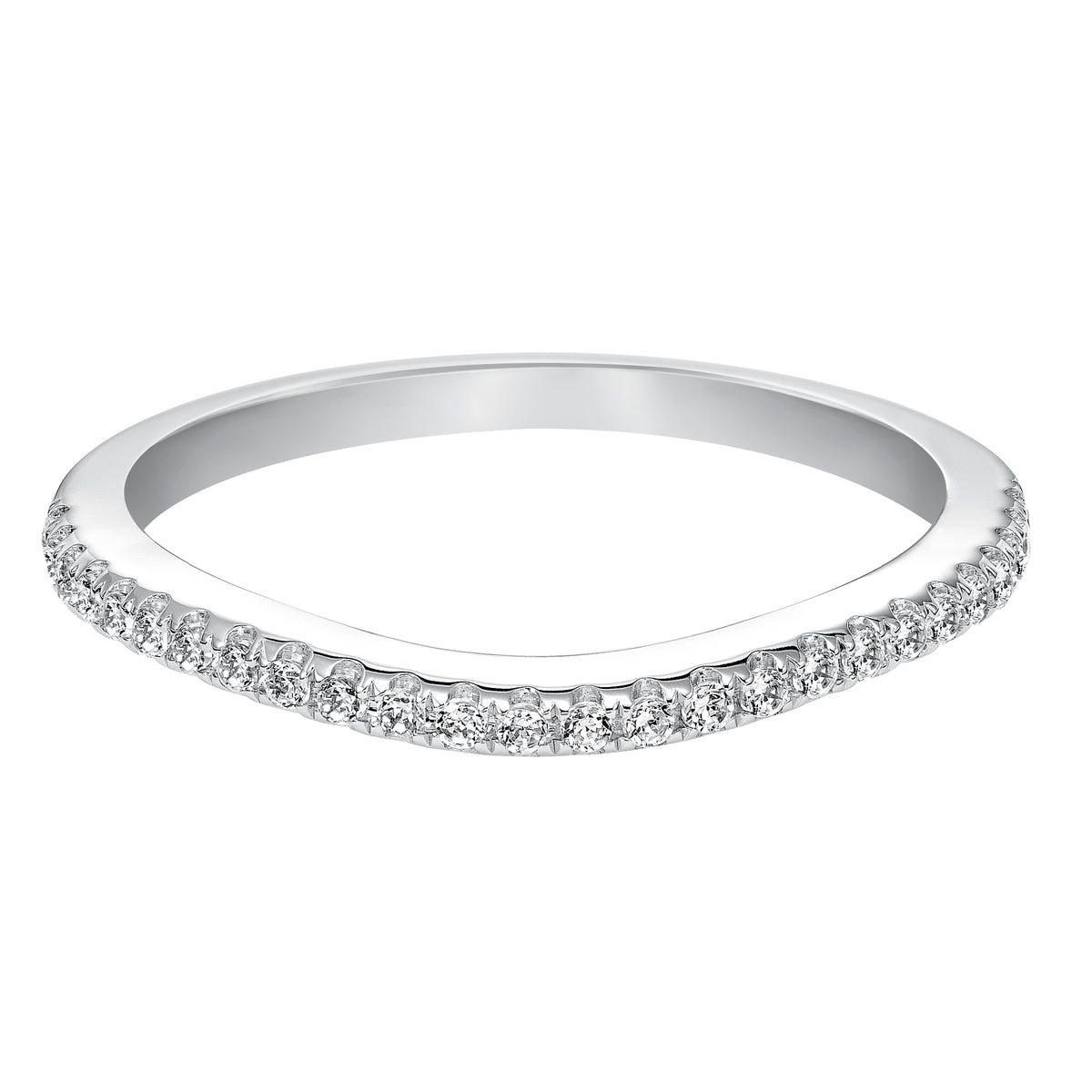 Wedding band with shared prong set, round diamonds.