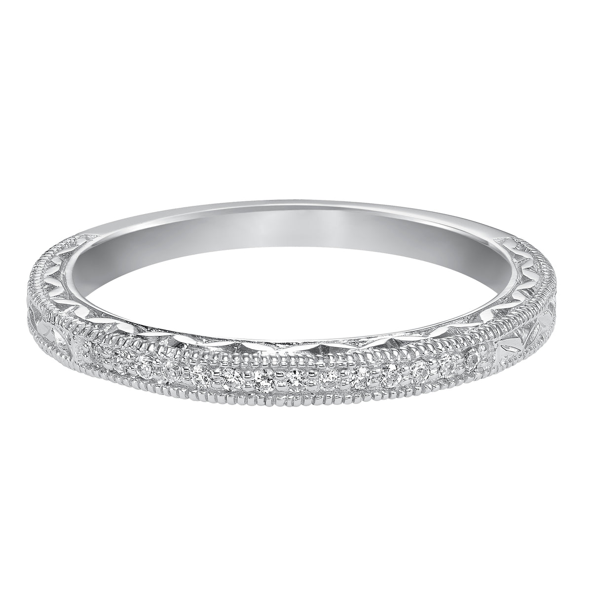 Wedding band with bead set, round diamonds, engraving and milgrain.