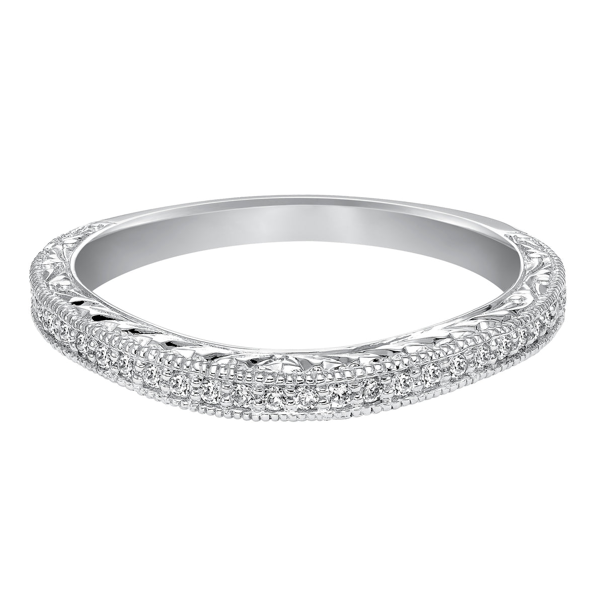 Wedding band with bead set, round diamonds, milgrain and engraved with curved design to fit flush with matching engagement ring.