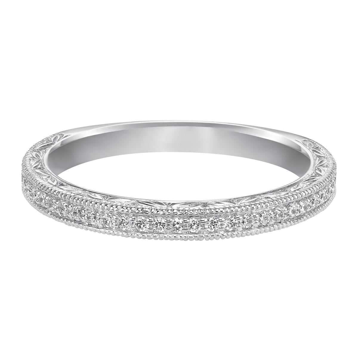 Wedding band with bead set, round diamonds, engraving and milgrain.