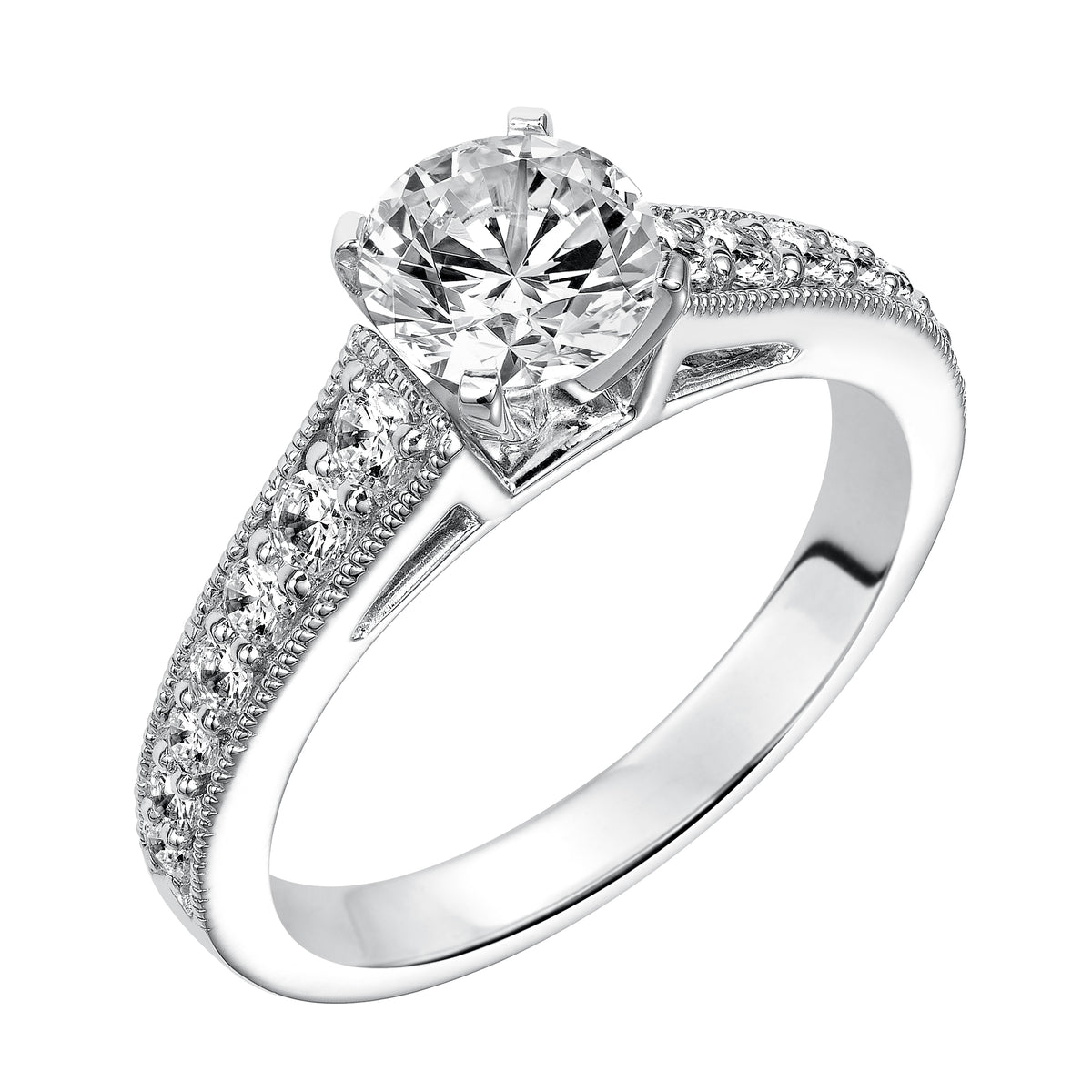 Milgrain detailing adds a touch of vintage flair and enhances this magnificent prong set diamond engagement ring setting