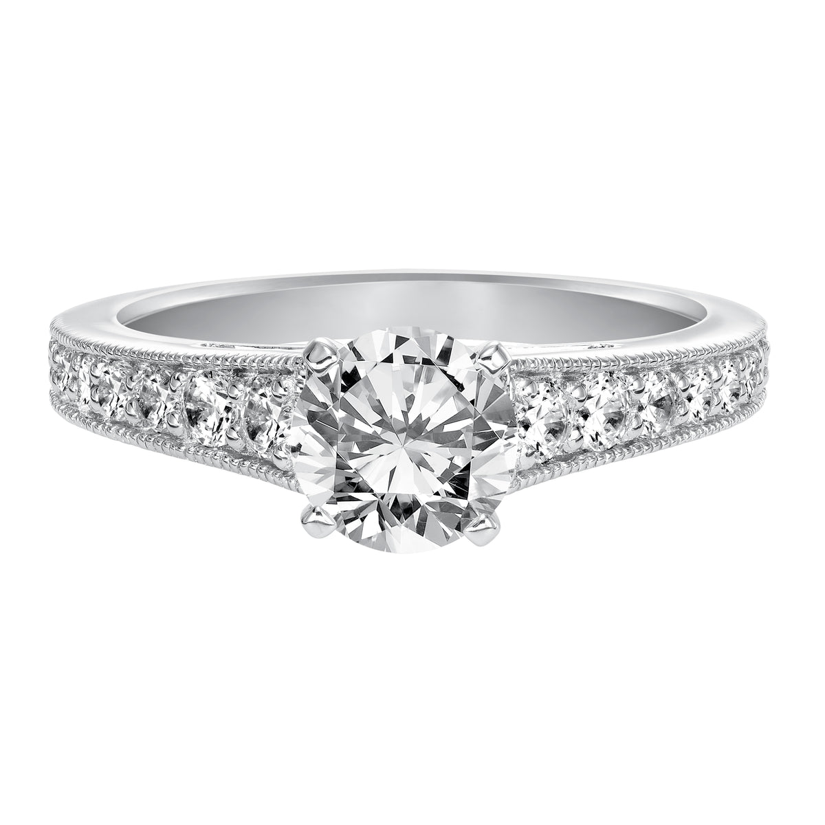 Milgrain detailing adds a touch of vintage flair and enhances this magnificent prong set diamond engagement ring setting