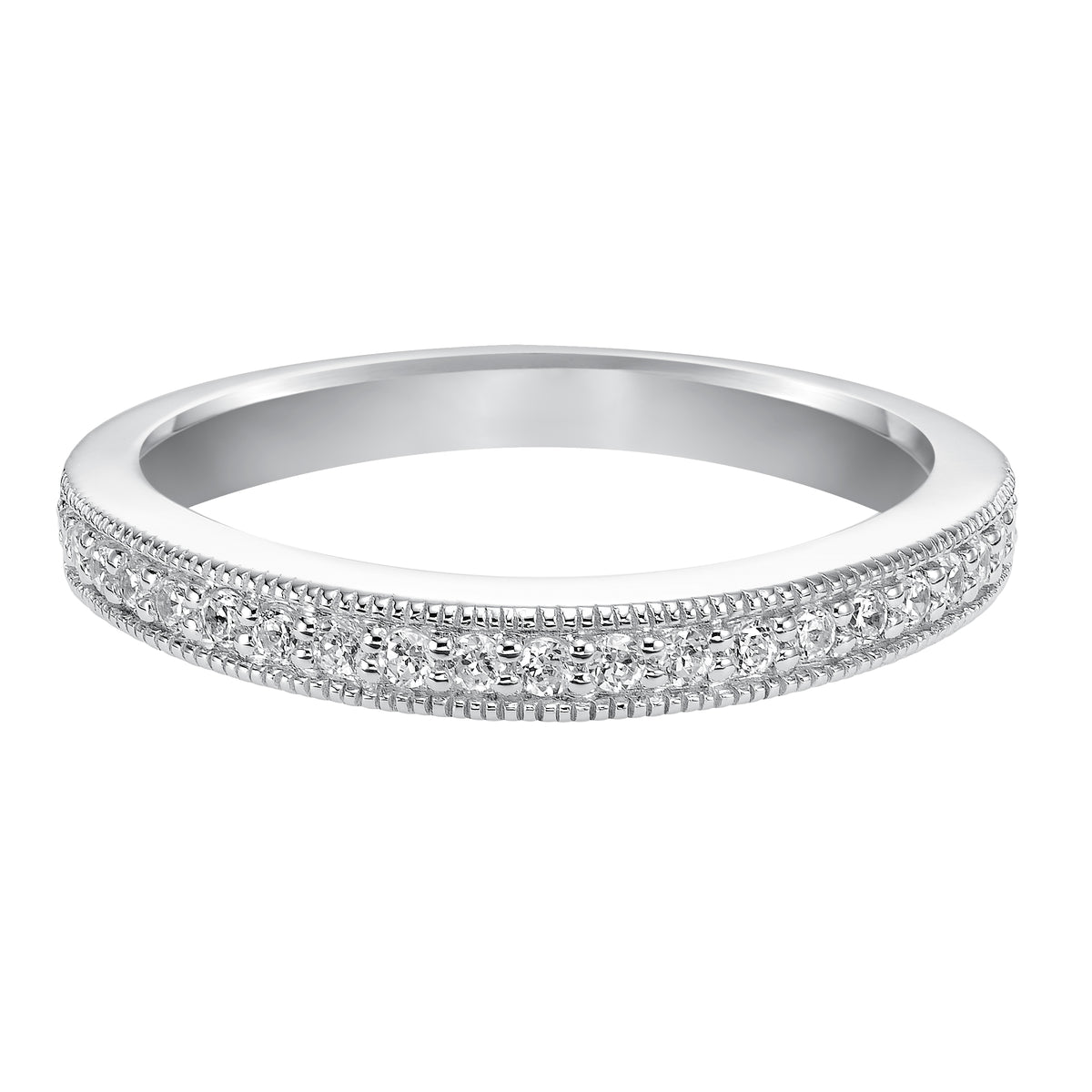 Wedding band with bead set, round diamonds and milgrain.