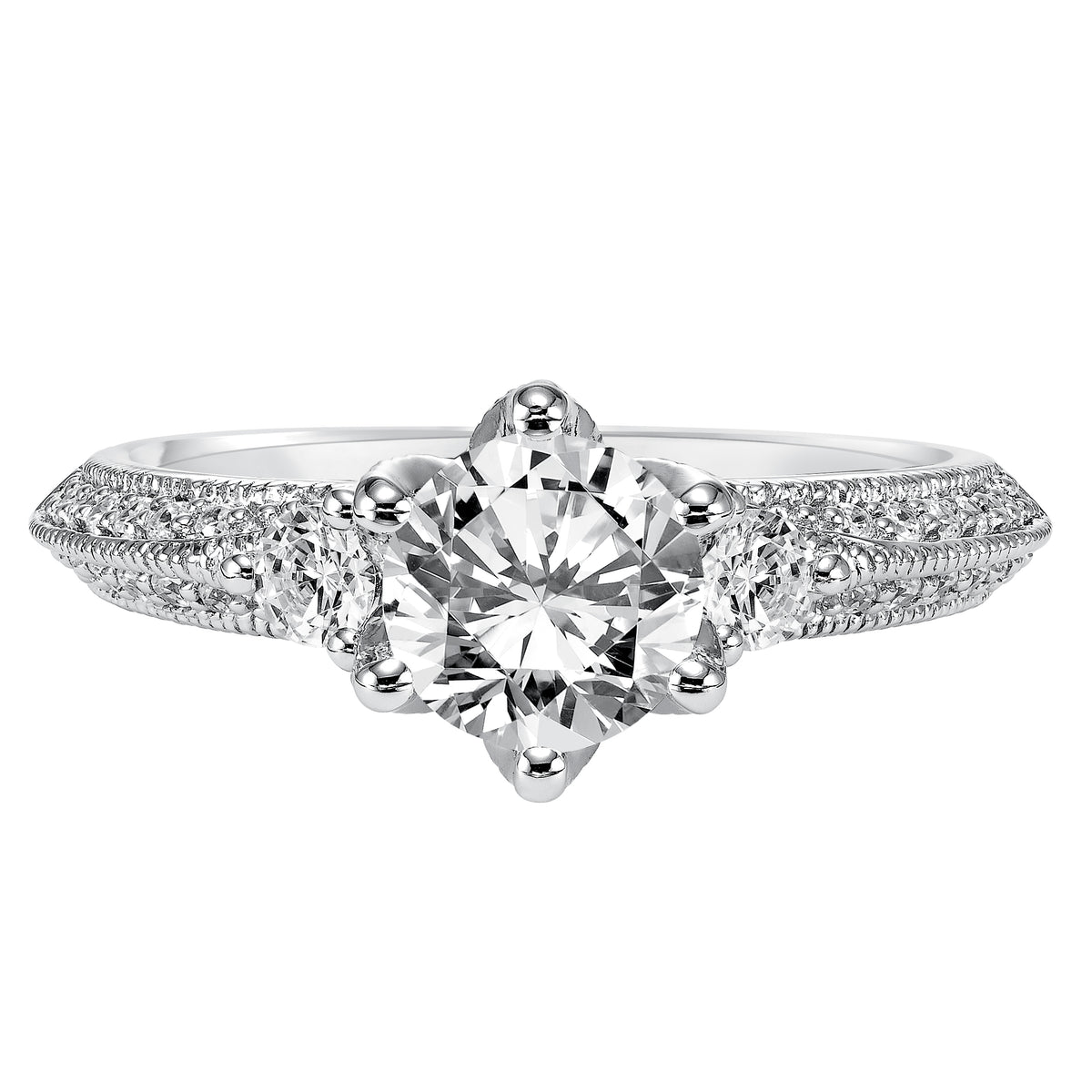 Set with six prongs, this round diamond engagement ring looks amazing with its prong set diamond band enhanced with milgrain