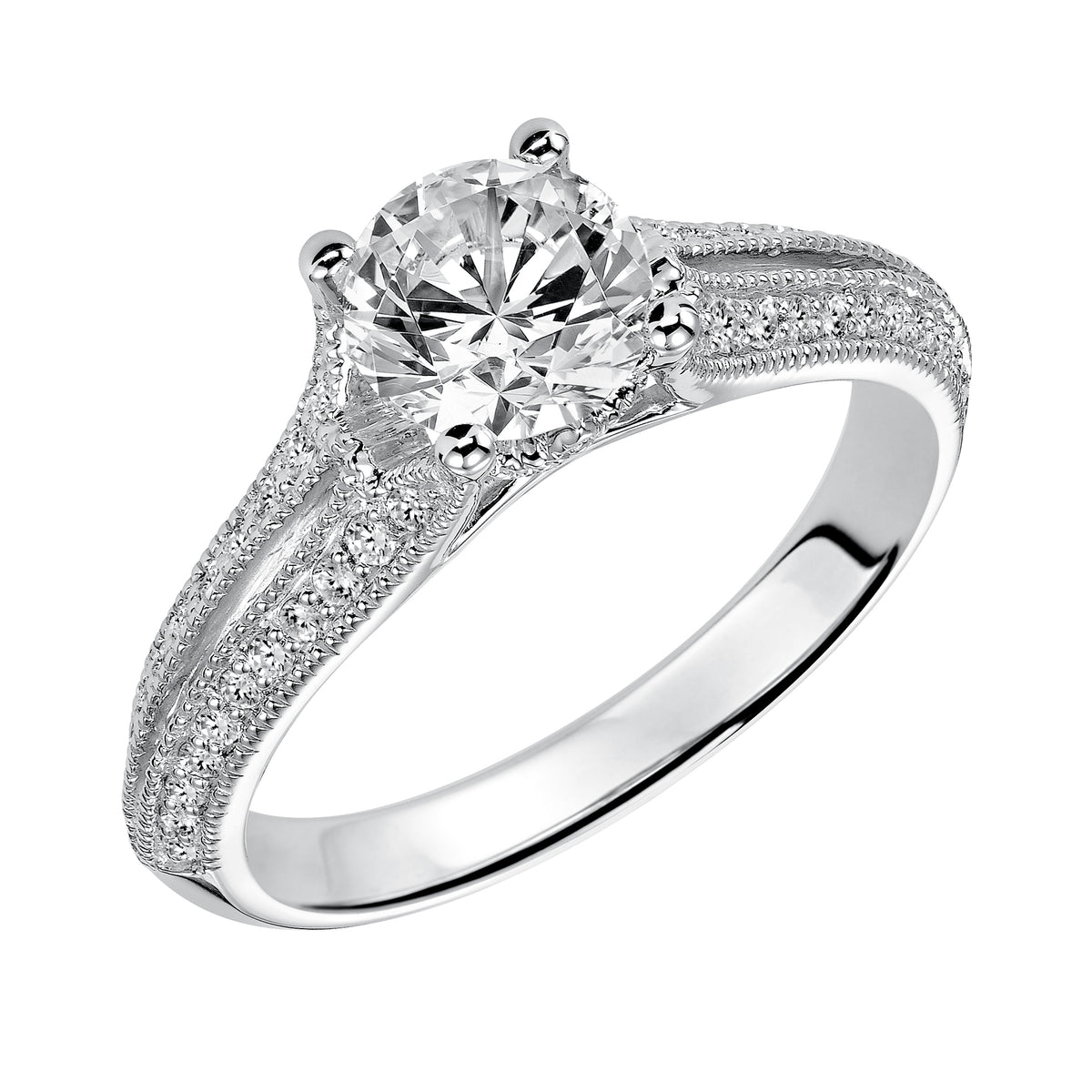 Classic heirloom style inspired this engagement ring with its prong set diamond split band with milgrain