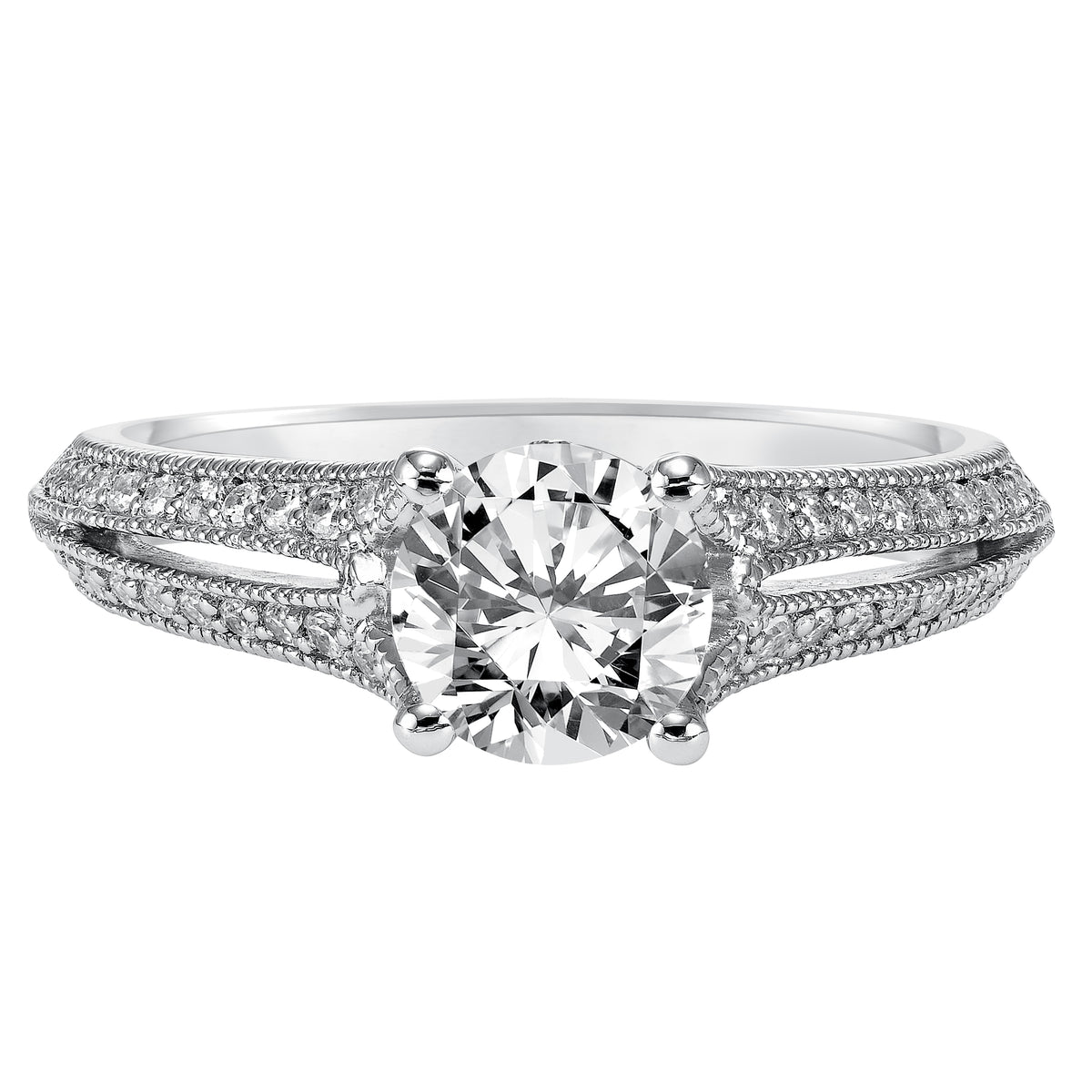 Classic heirloom style inspired this engagement ring with its prong set diamond split band with milgrain