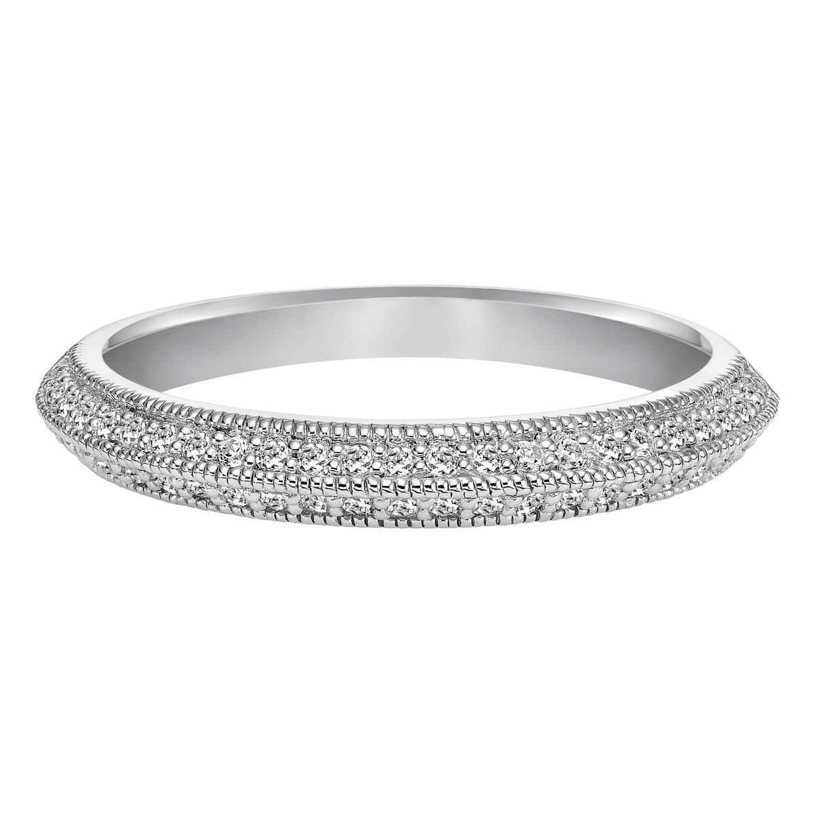 Wedding band with bead set, round diamonds and milgrain enhanced, knife-edge shank.