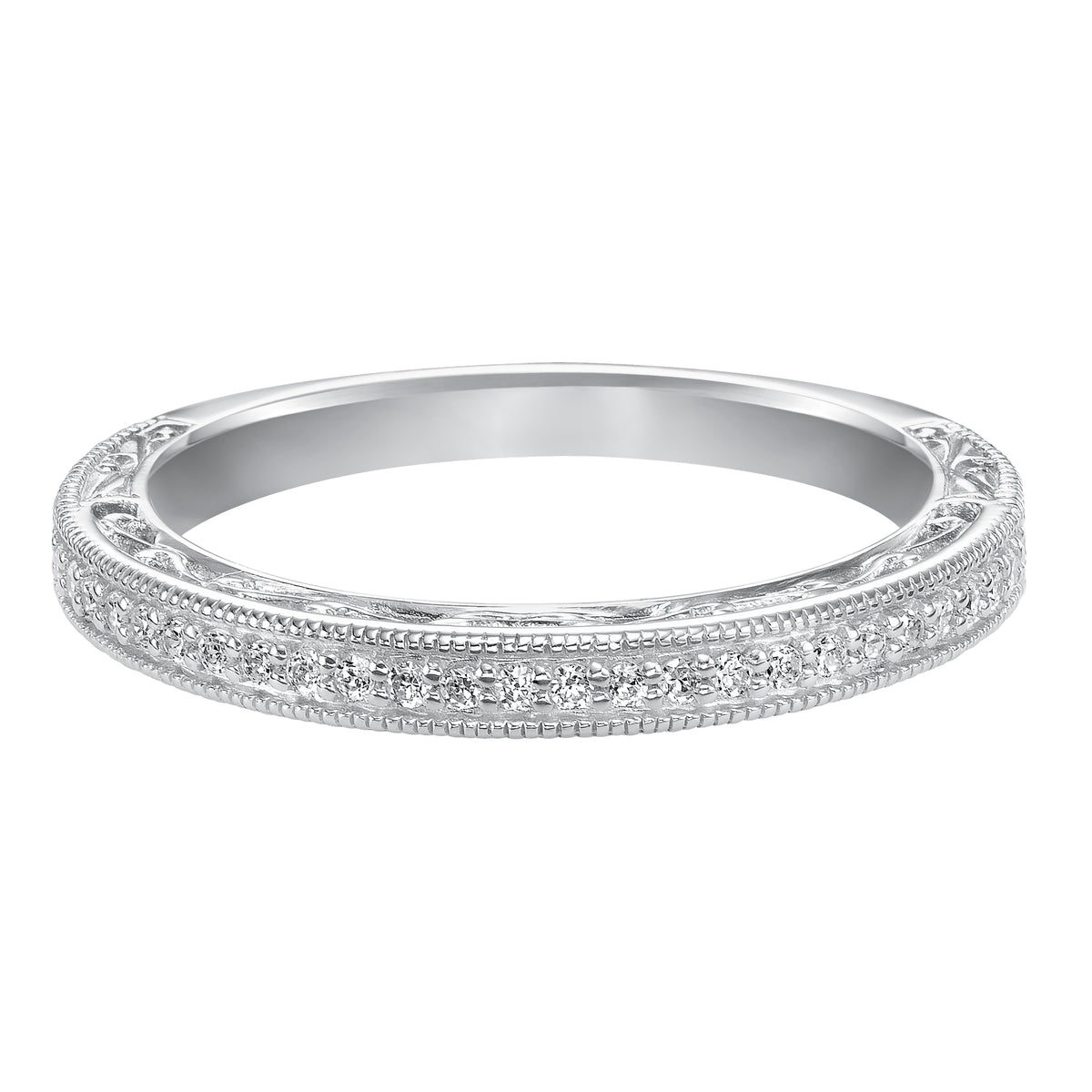 Wedding band with bead set, round diamonds, engraving and milgrain.