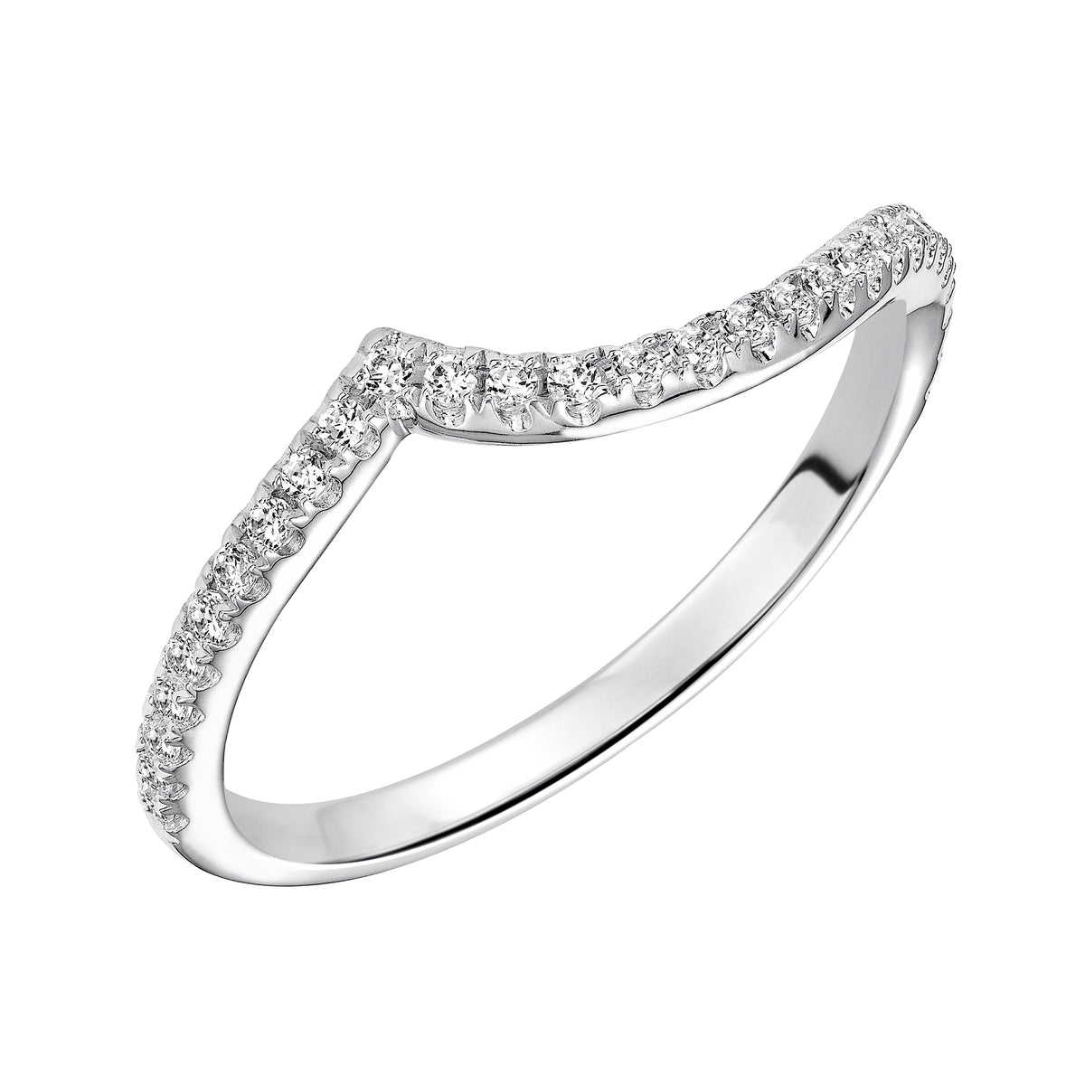 Wedding band with pave set, round diamonds and curved to fit flush with matching engagement ring.