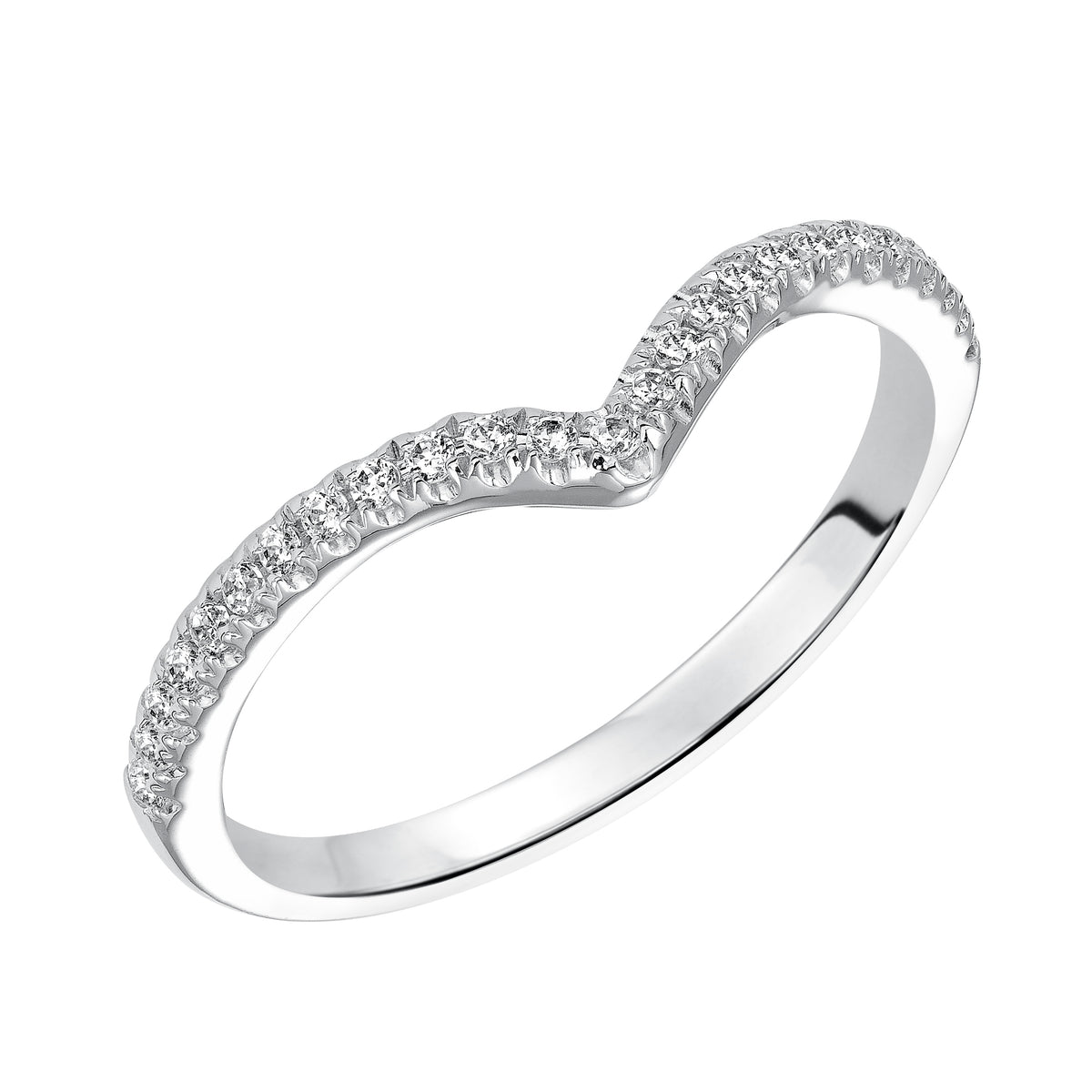 Wedding band with pave set, round diamonds and curved to fit flush with matching engagement ring.