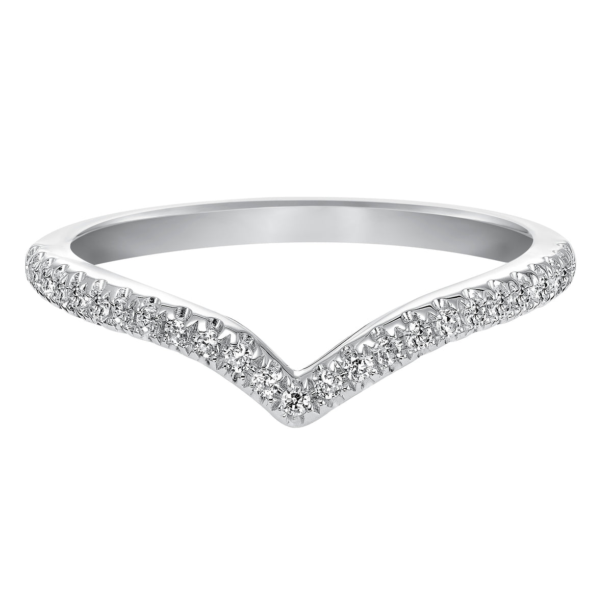Wedding band with pave set, round diamonds and curved to fit flush with matching engagement ring.