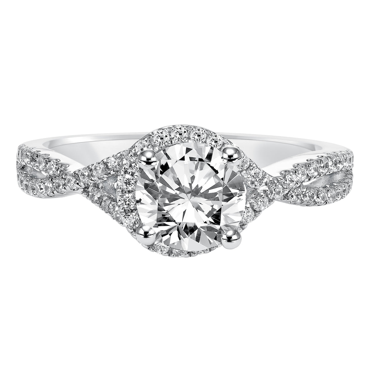 Elegantly designed, this round diamond engagement ring features a graceful prong set diamond halo and split band