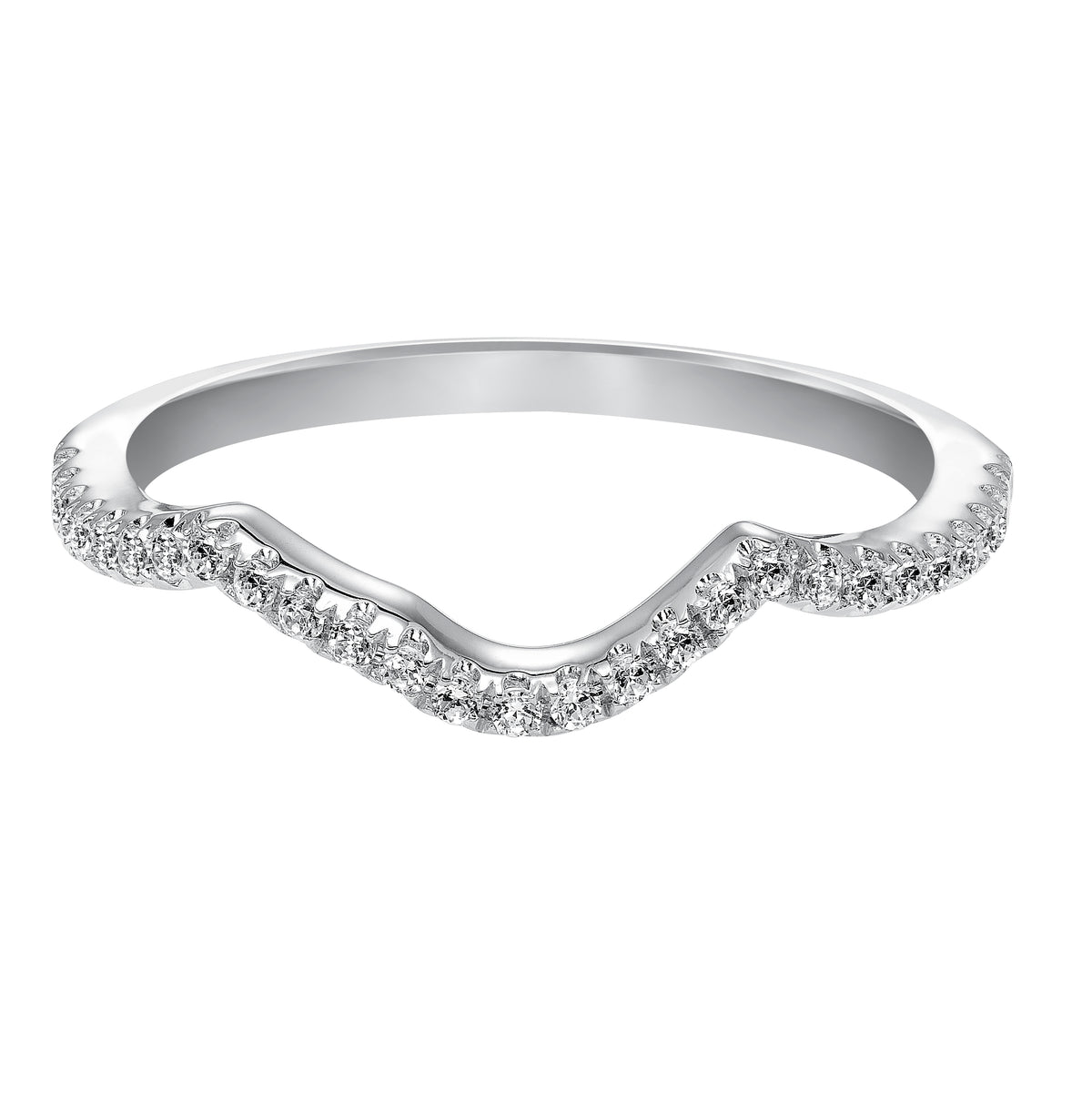 Wedding band with pave set, round diamonds and curved to fit flush with matching engagement ring.