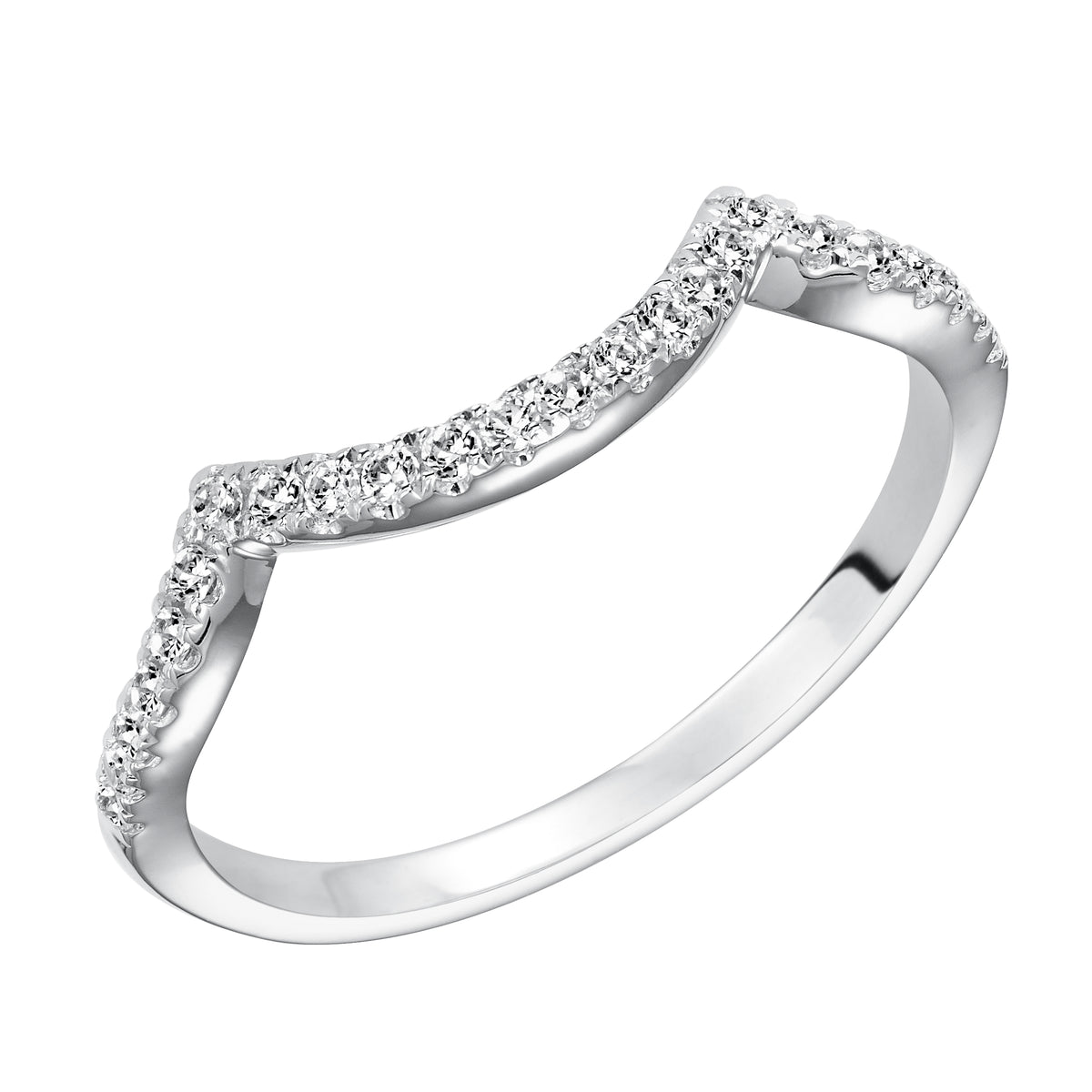 Wedding band with pave set, round diamonds and curved to fit flush with matching engagement ring.