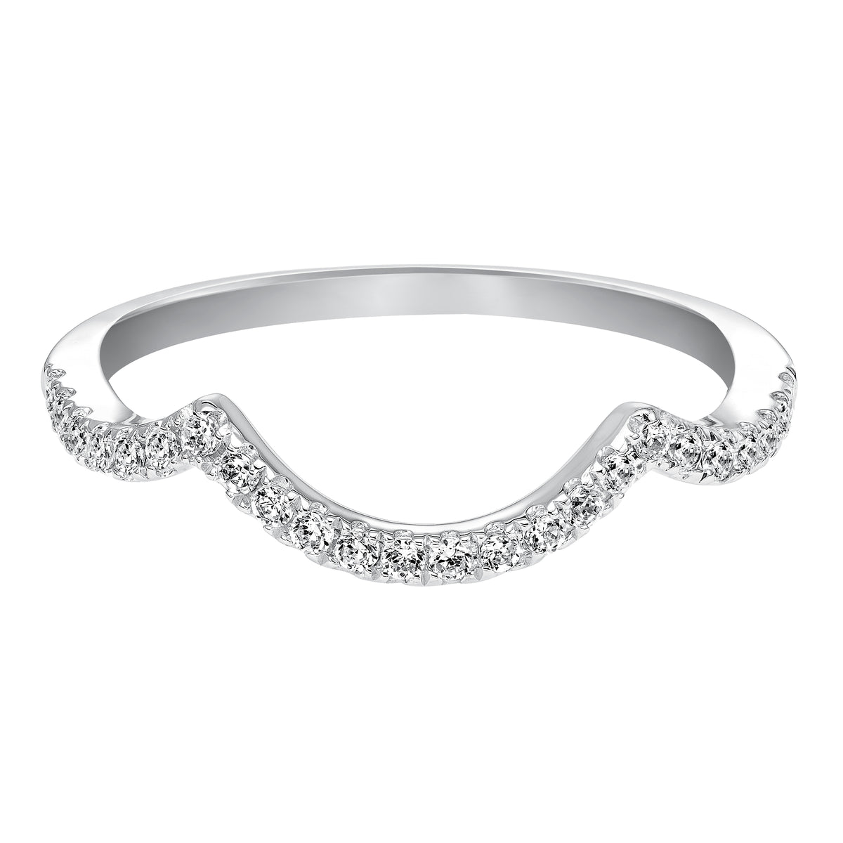 Wedding band with pave set, round diamonds and curved to fit flush with matching engagement ring.