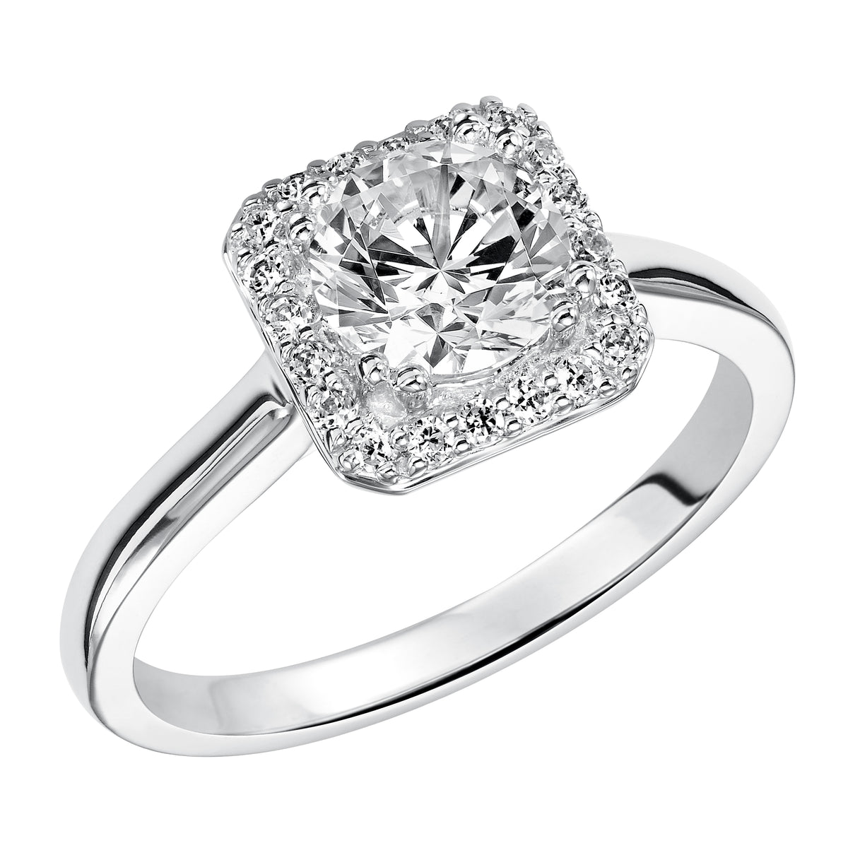 Sophisticated and elegant, this brilliant round diamond is accentuated by a square diamond prong set halo and high polished band