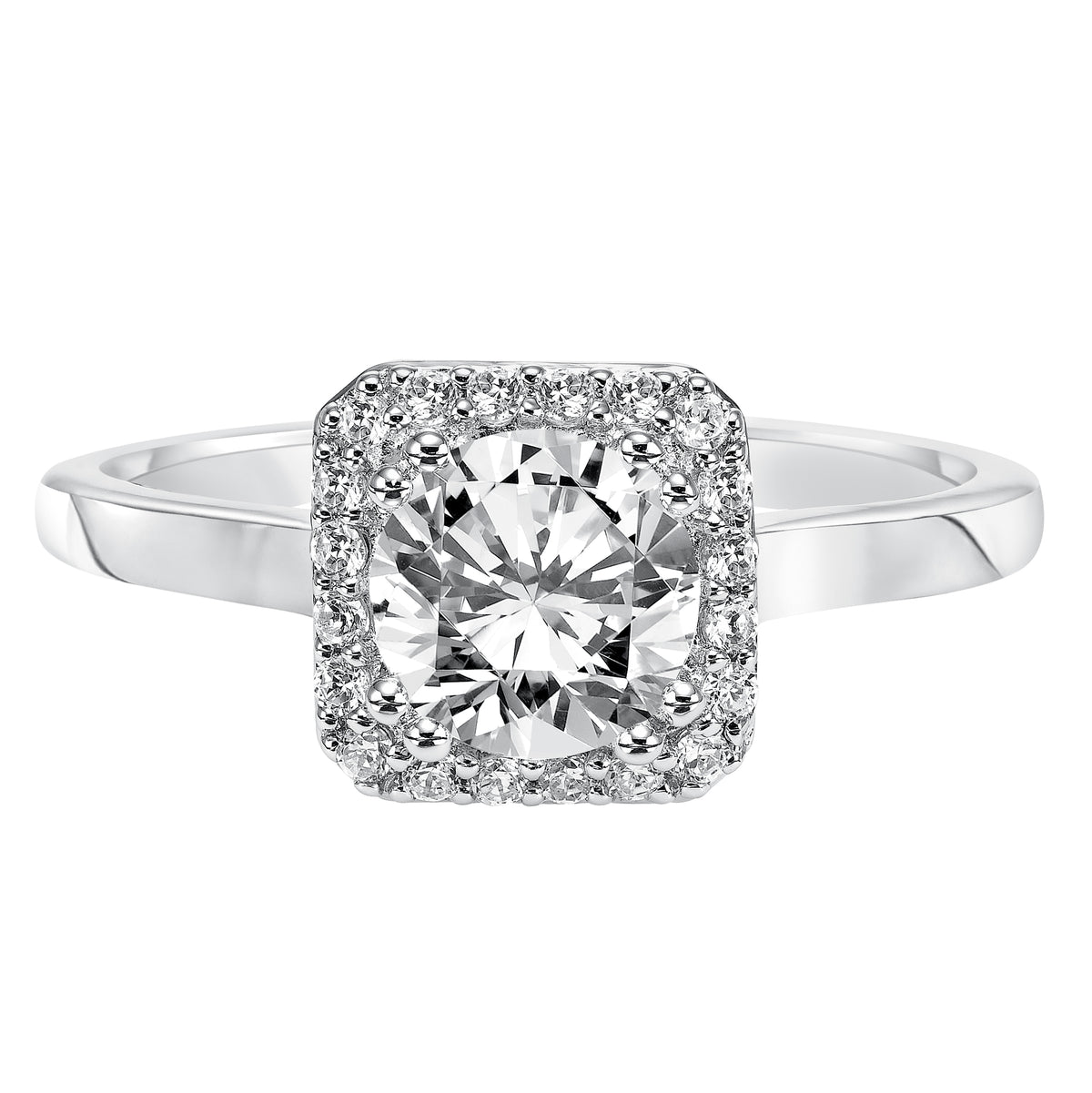 Sophisticated and elegant, this brilliant round diamond is accentuated by a square diamond prong set halo and high polished band