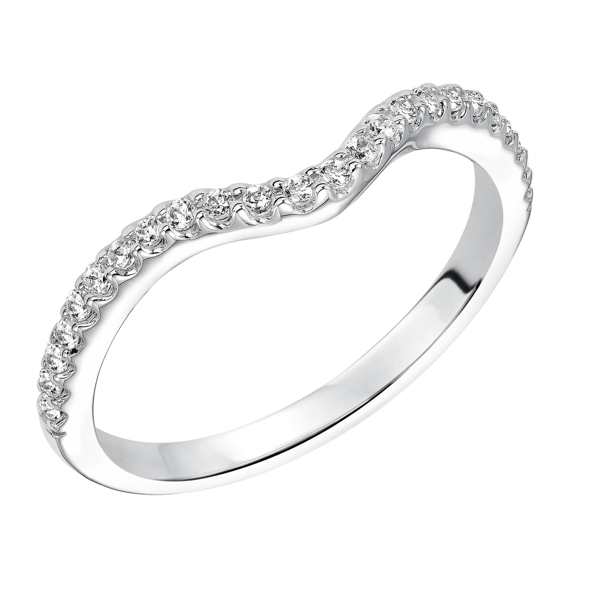 Wedding band with prong set, round diamonds and curved to fit flush with matching engagement ring.