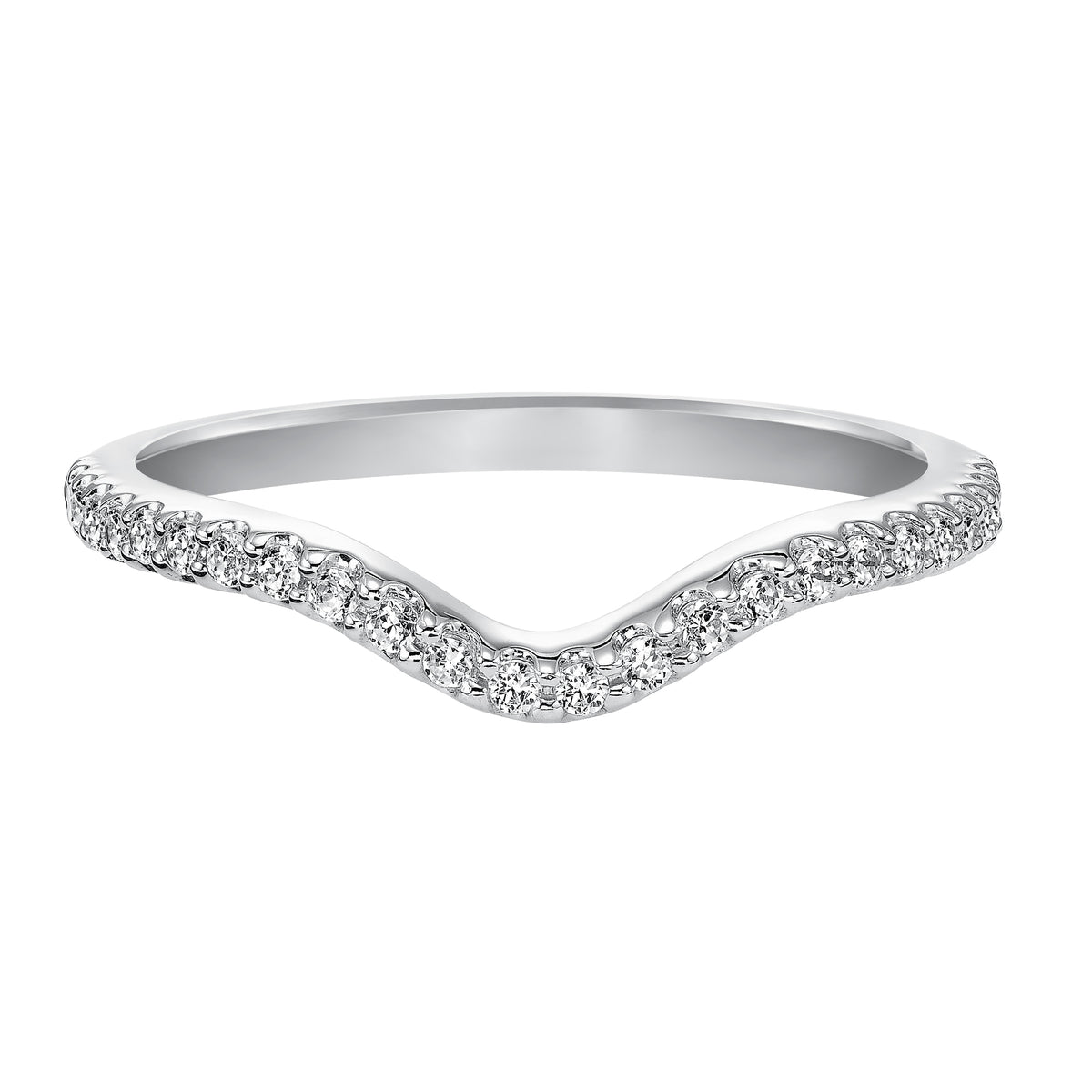 Wedding band with prong set, round diamonds and curved to fit flush with matching engagement ring.