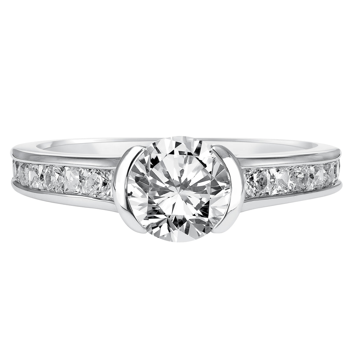 This stunning round bezel set diamond is perfectly paired with a channel set diamond band for a sophisticated, timeless look