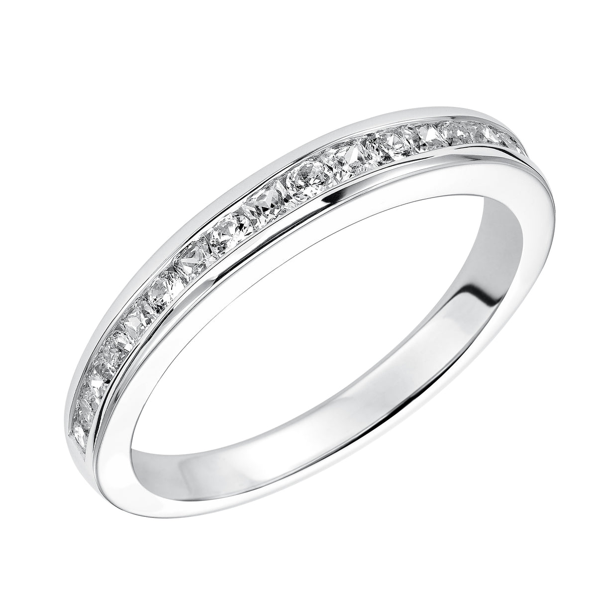 Wedding band with channel set round and princess cut diamonds.