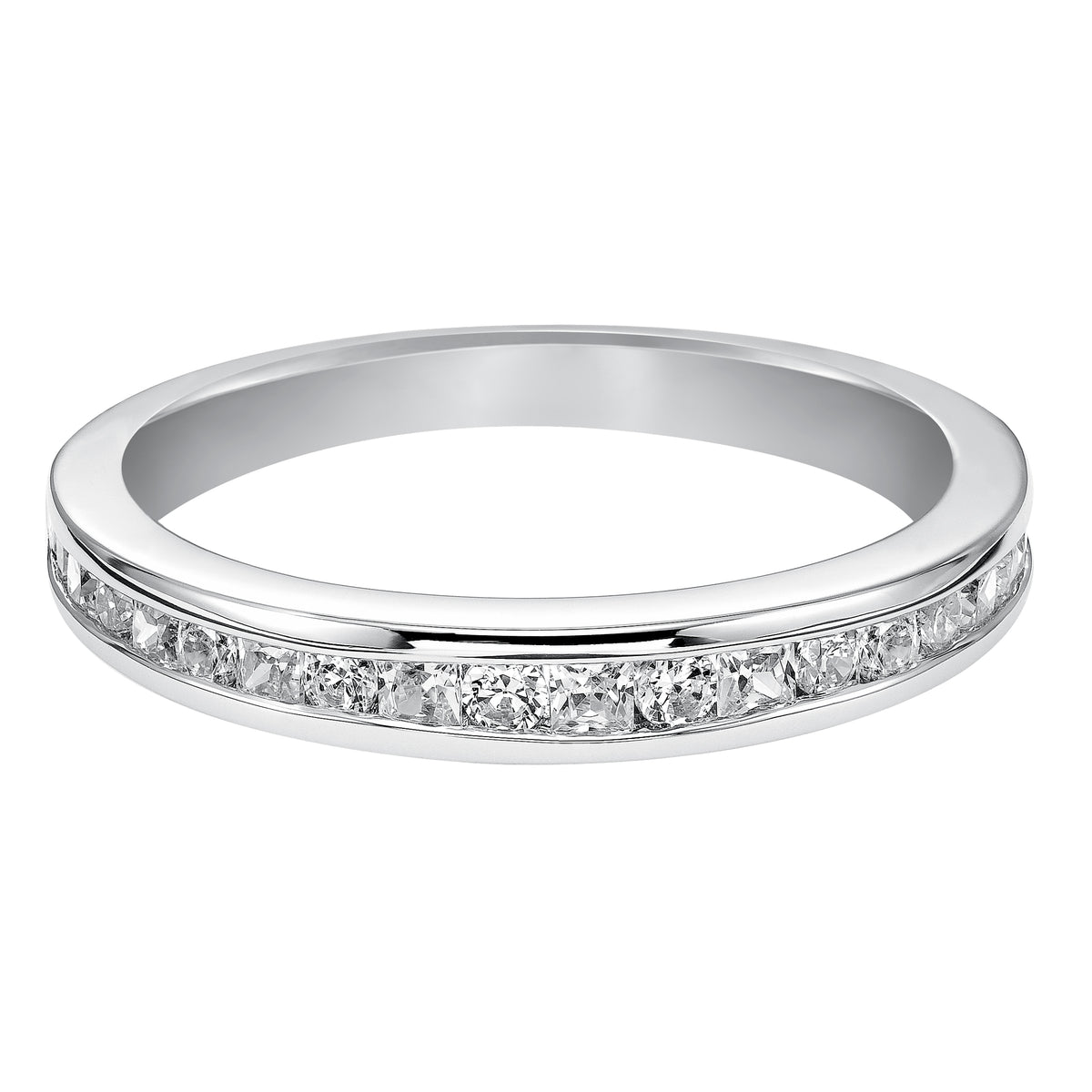 Wedding band with channel set round and princess cut diamonds.