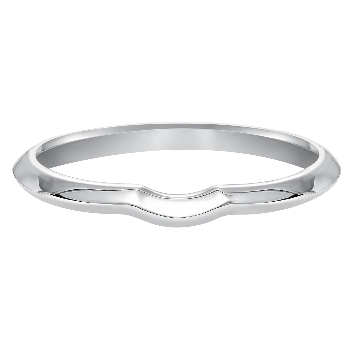 Wedding band with high polished, knife-edge shank designed to fit flush with matching engagement ring.