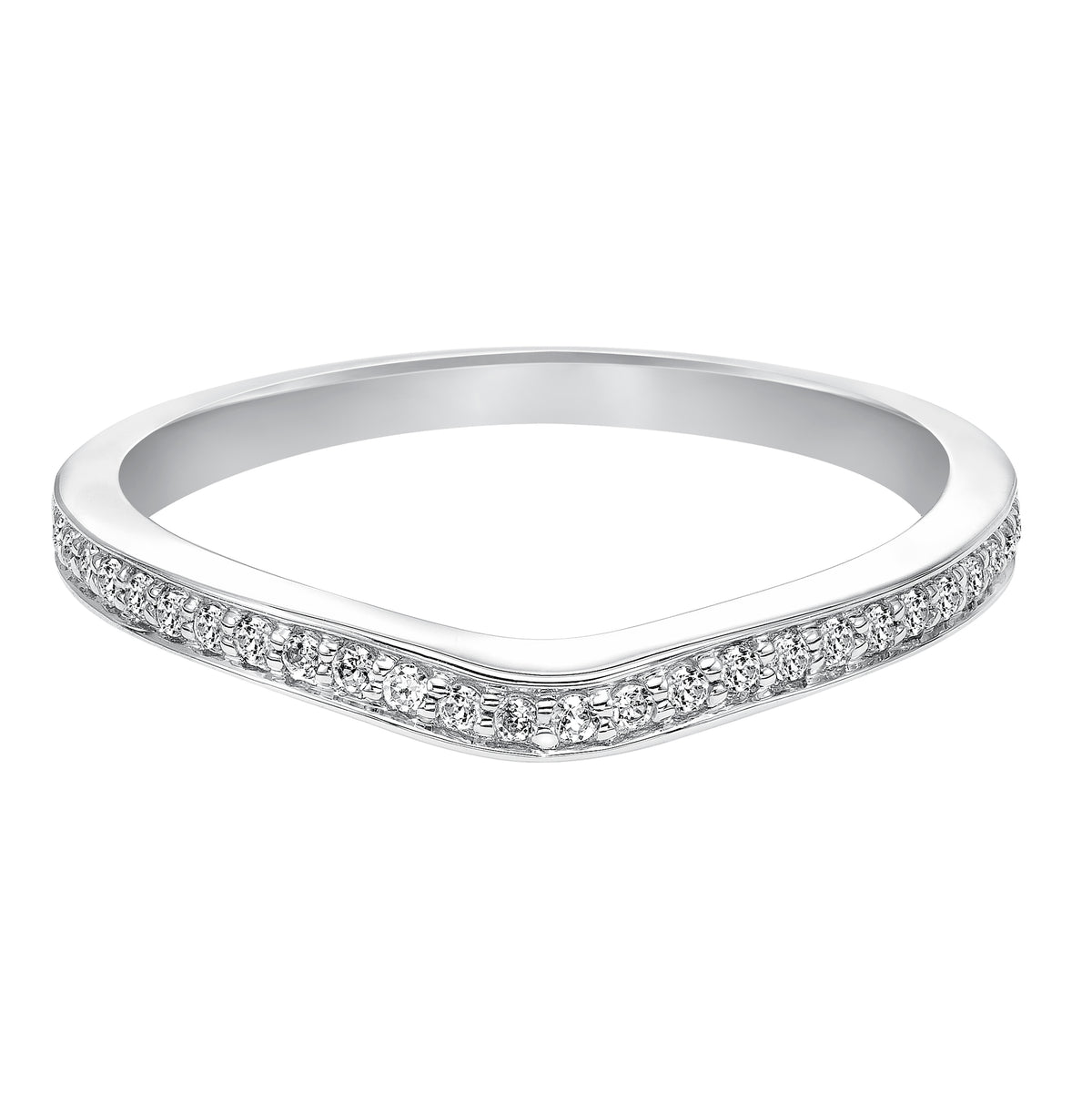 Wedding band with bead set, round diamonds and curved design to fit flush with matching engagement ring.