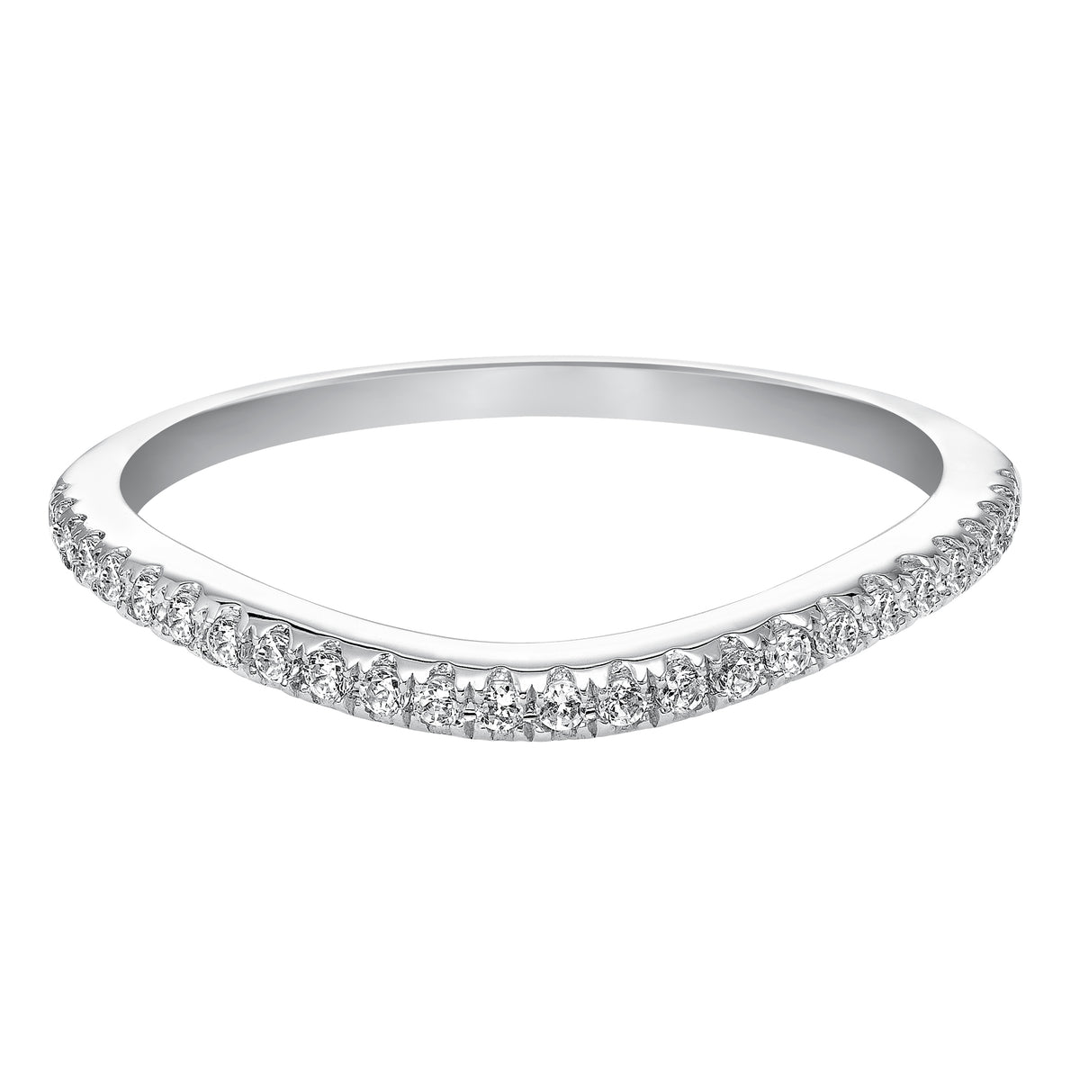 Wedding band with pave set, round diamonds and curved to fit flush with matching engagement ring.