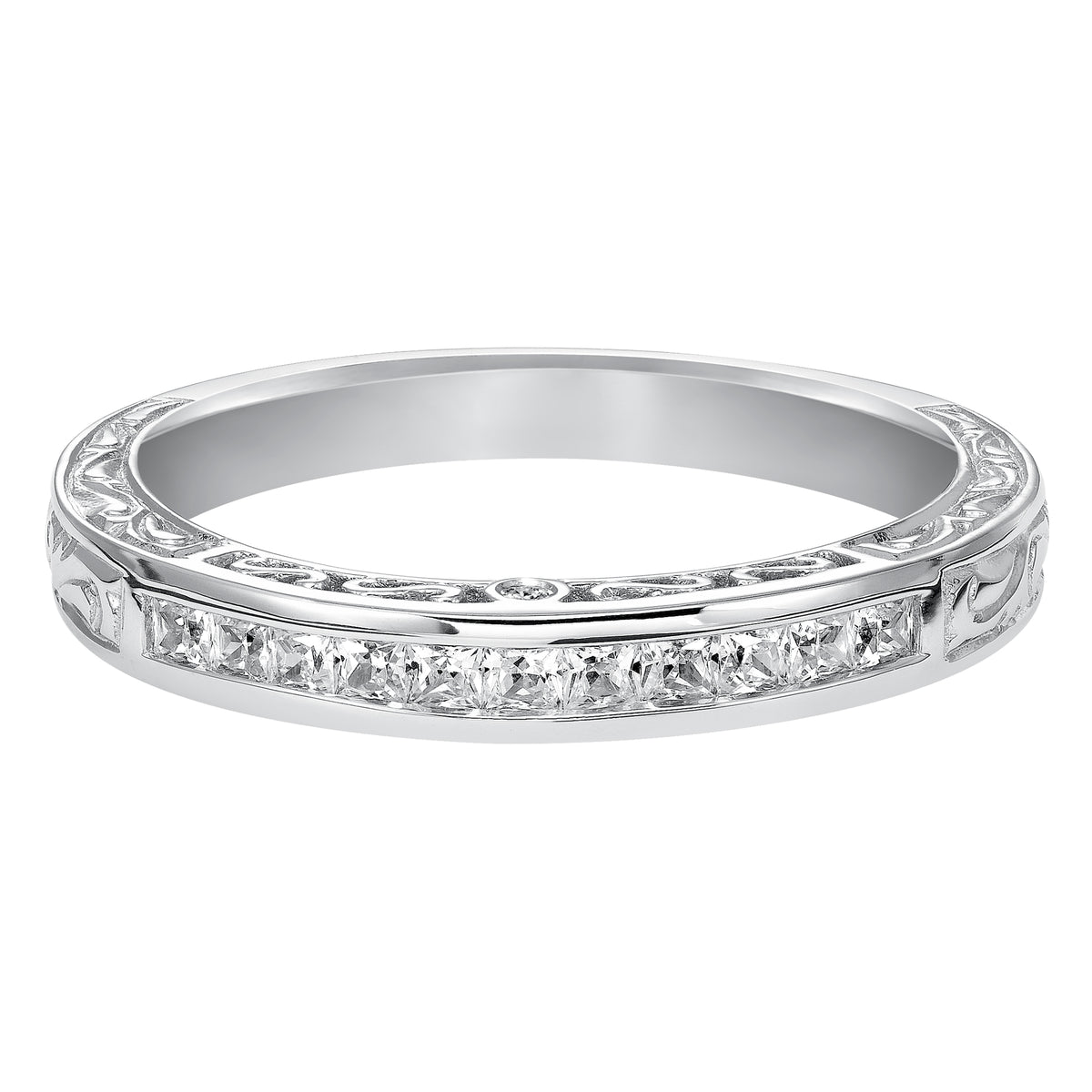 Wedding band with channel set, princess cut diamonds and engraved design.