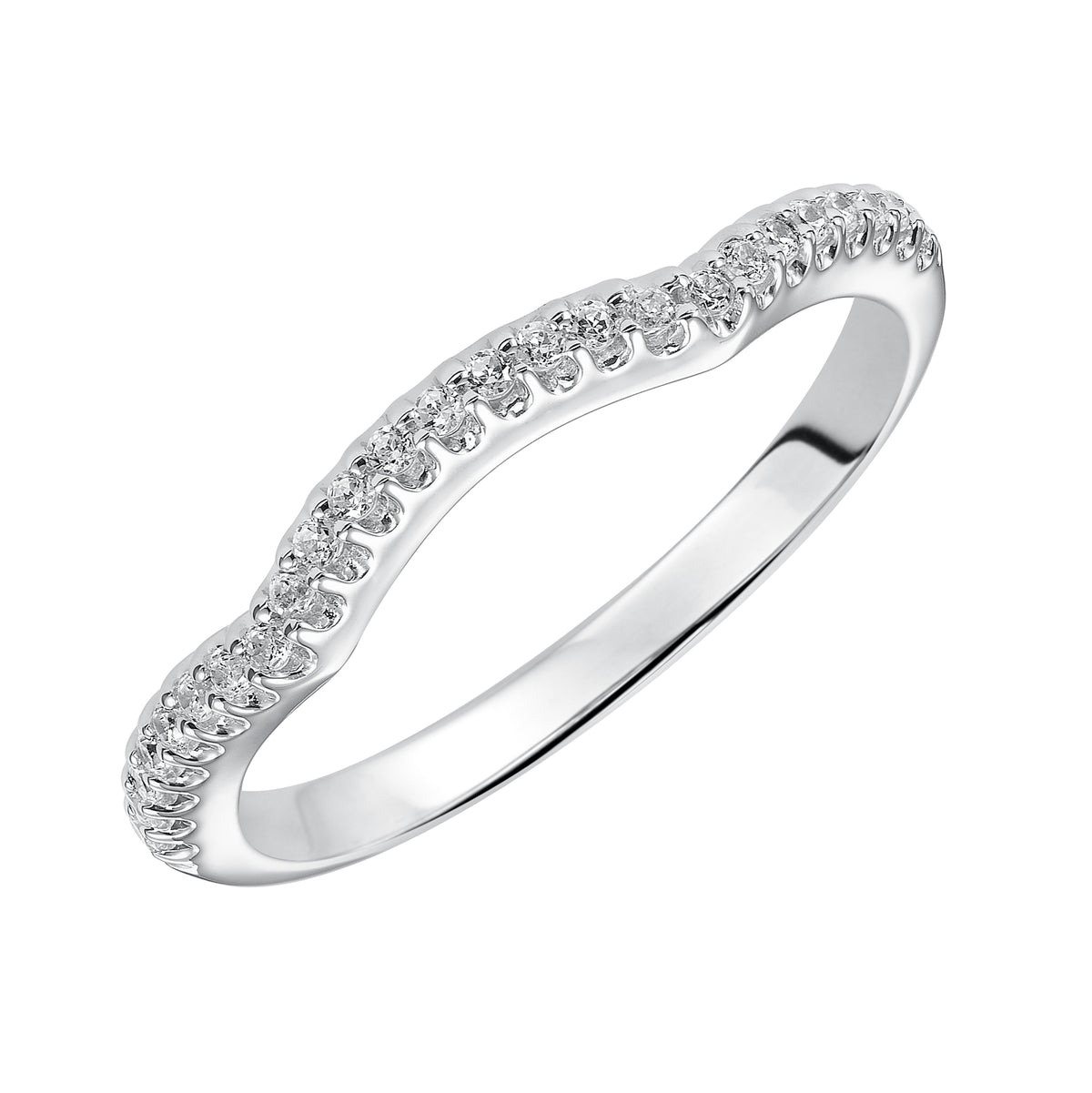 Wedding band with prong set, round diamonds and designed to fit flush with matching engagement ring.