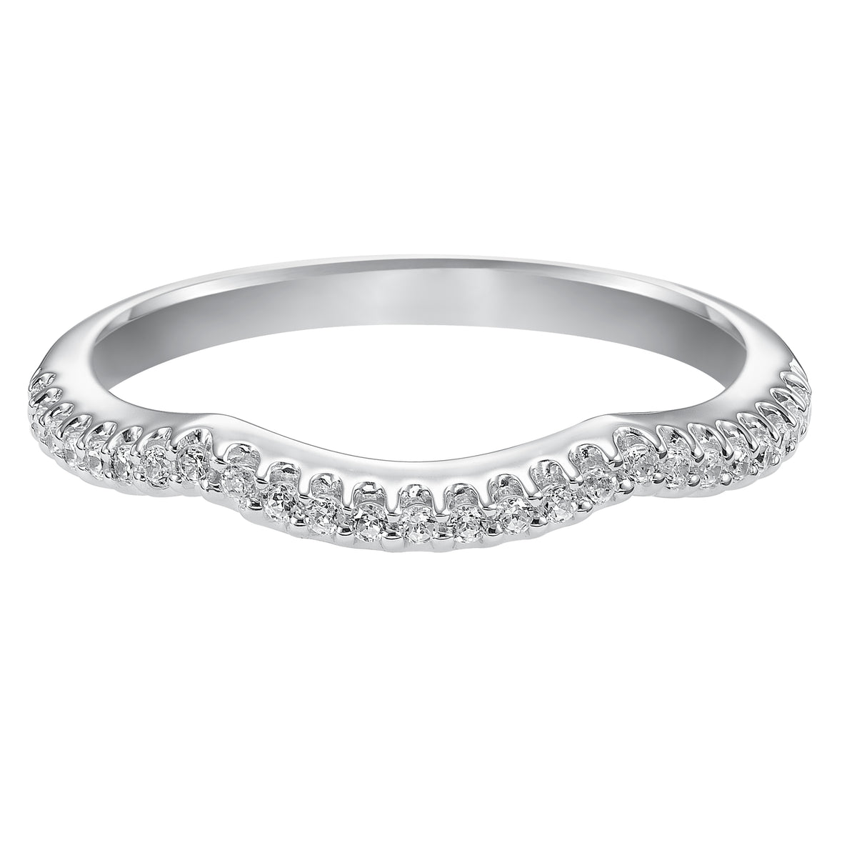 Wedding band with prong set, round diamonds and designed to fit flush with matching engagement ring.