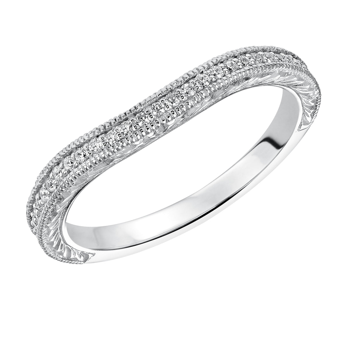 Wedding band with bead set, round diamonds, milgrain and engraving designed to fit flush with matching engagement ring.