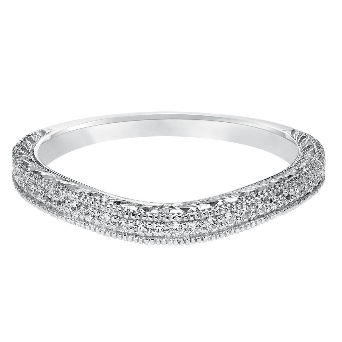 Wedding band with bead set, round diamonds, milgrain and engraving designed to fit flush with matching engagement ring.