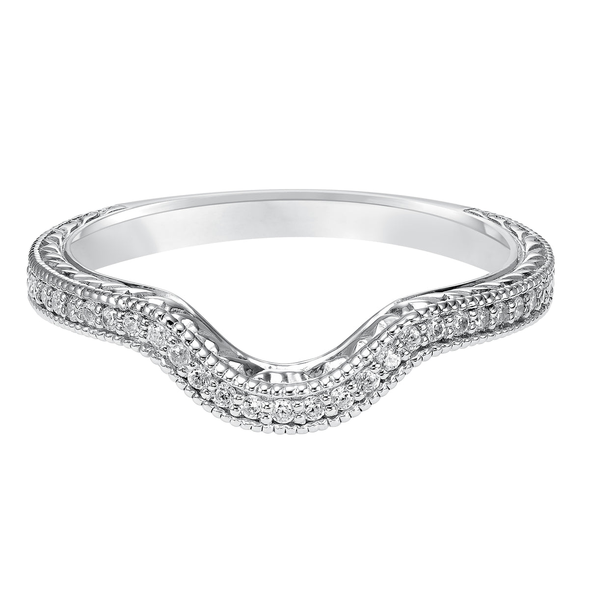 Wedding band with bead set, round diamonds, milgrain and engraving designed to fit flush with matching engagement ring.