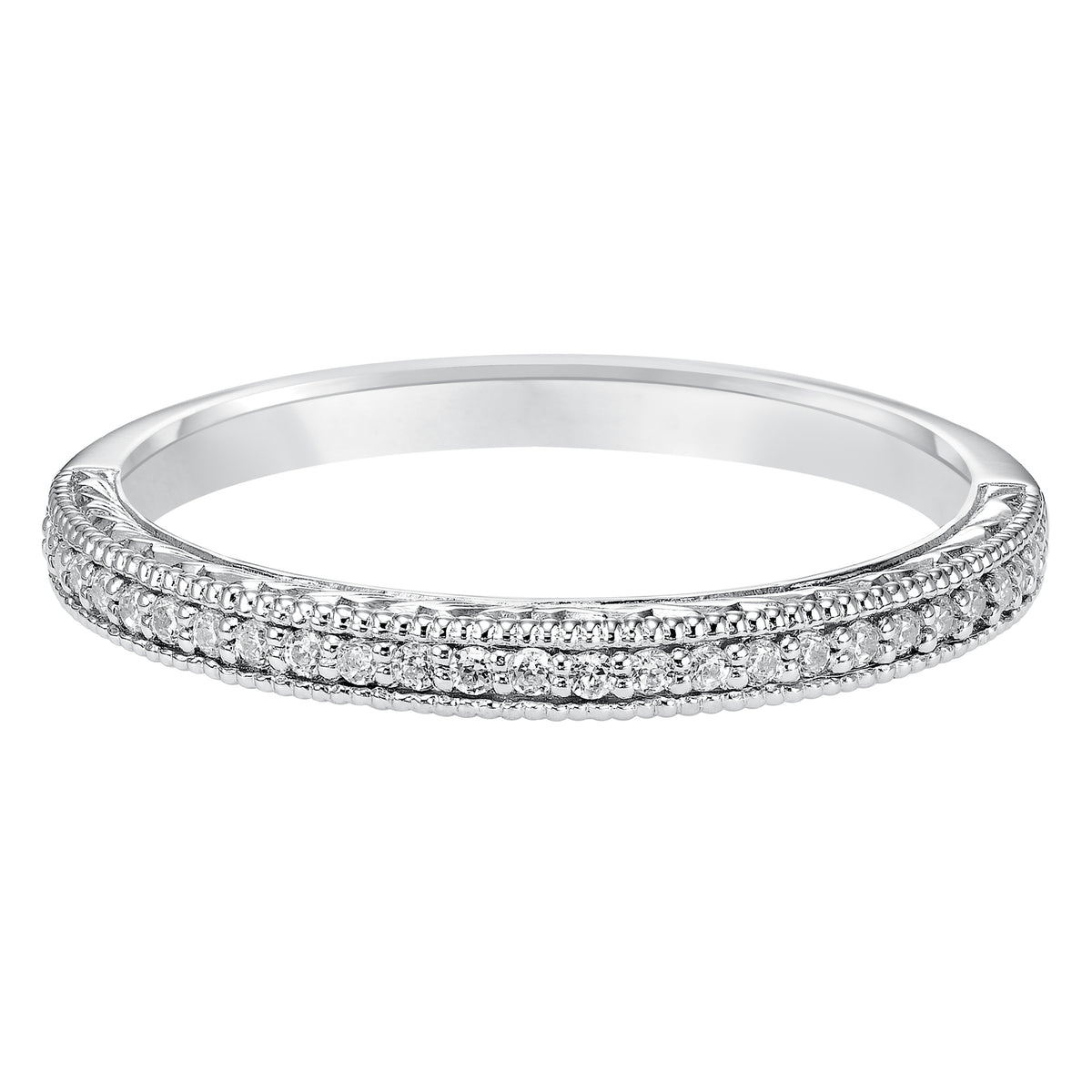 Wedding band with bead set, round diamonds, engraving and milgrain.