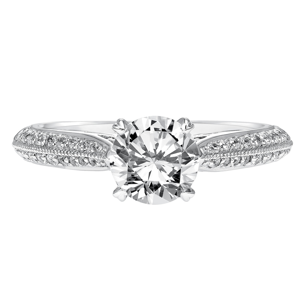 Graceful and elegant, this diamond engagement ring features a delicate diamond prong set band with milgrain details and engraving