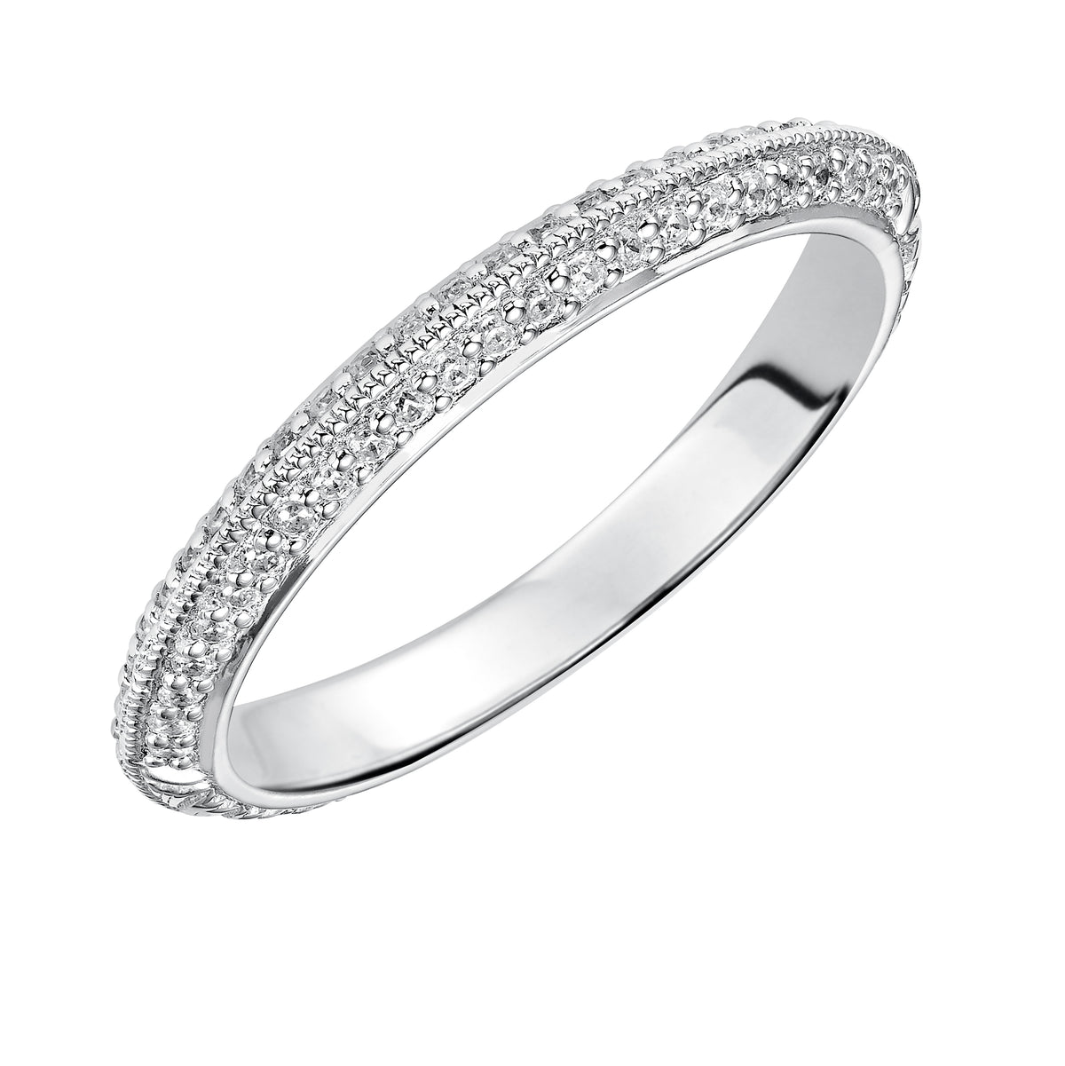 Wedding band with bead set, round diamonds and milgrain enhanced knife-edge design.