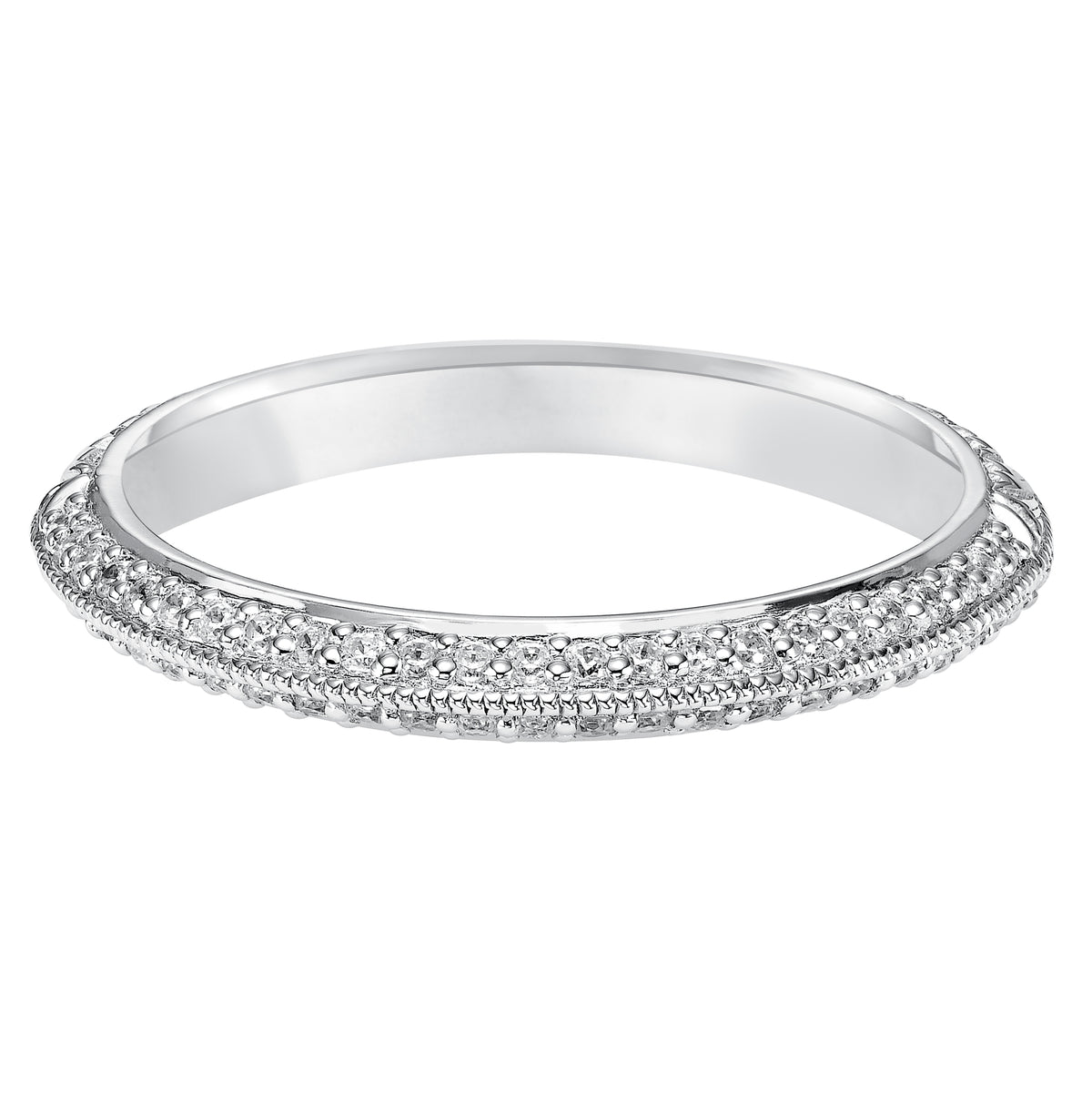 Wedding band with bead set, round diamonds and milgrain enhanced knife-edge design.