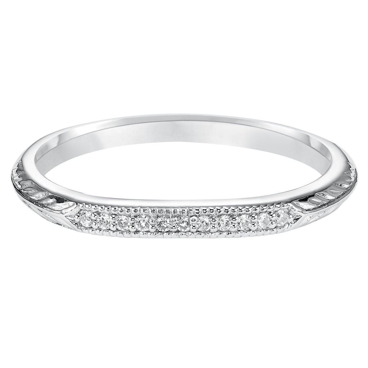 Wedding band with diamond enhanced, milgrain and engraved knife-edge design.