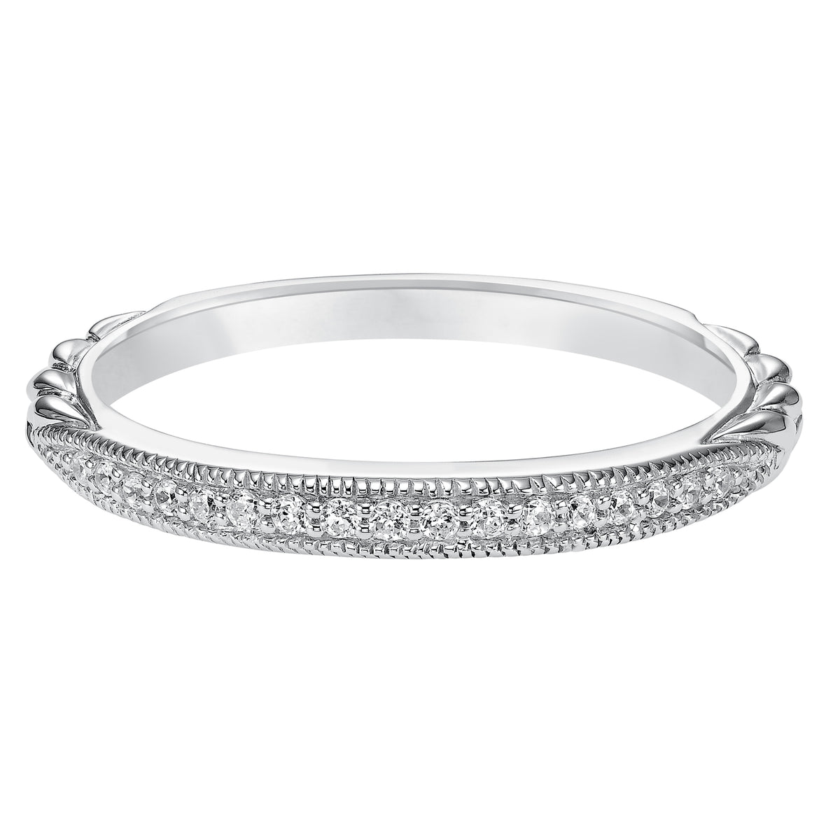 Wedding band with diamond enhanced, milgrain and engraved design.