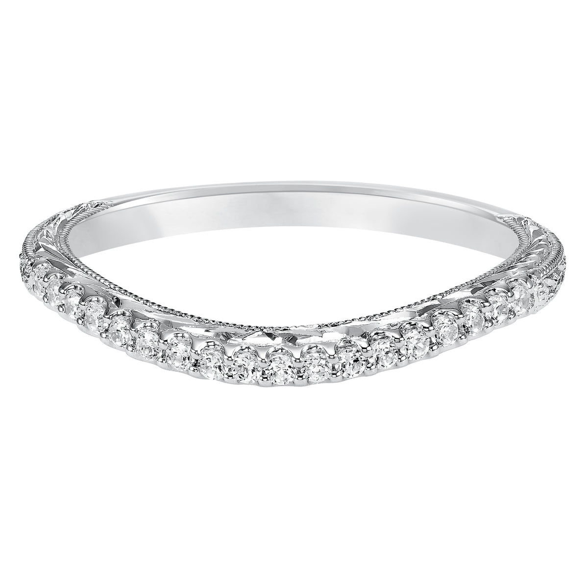 Wedding band with prong set, round diamonds and engraved design.