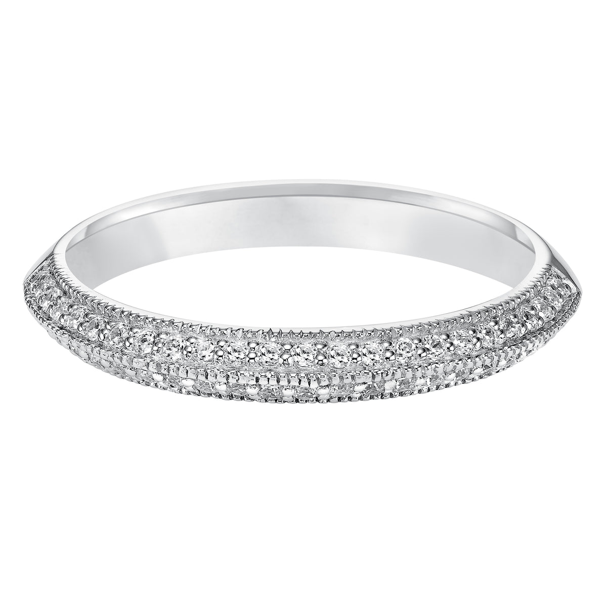 Wedding band with bead set, round diamonds and milgrain enhanced knife-edge design.