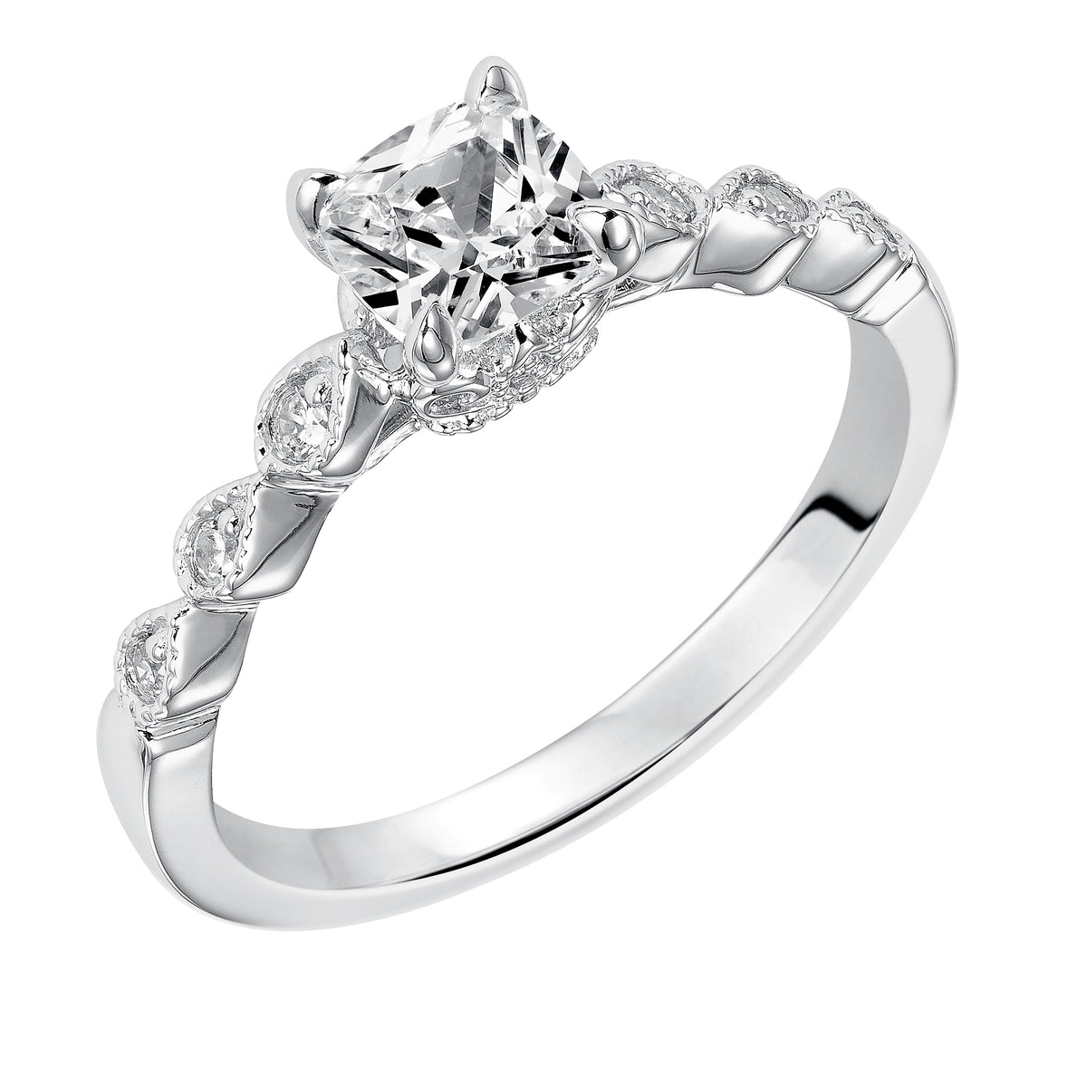 Dazzling with its intricately designed diamond band, this engagement ring is distinct yet enchanting