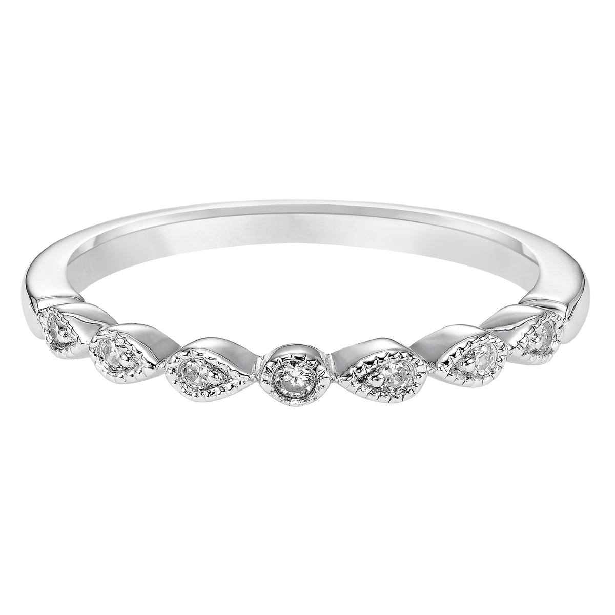 Wedding band with round diamond enhanced petal motif with milgrain design.