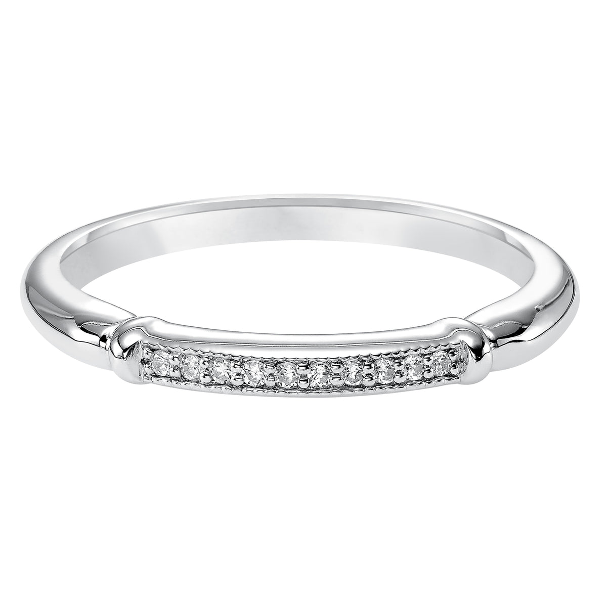 Wedding band with bead set diamonds and high polished shank.